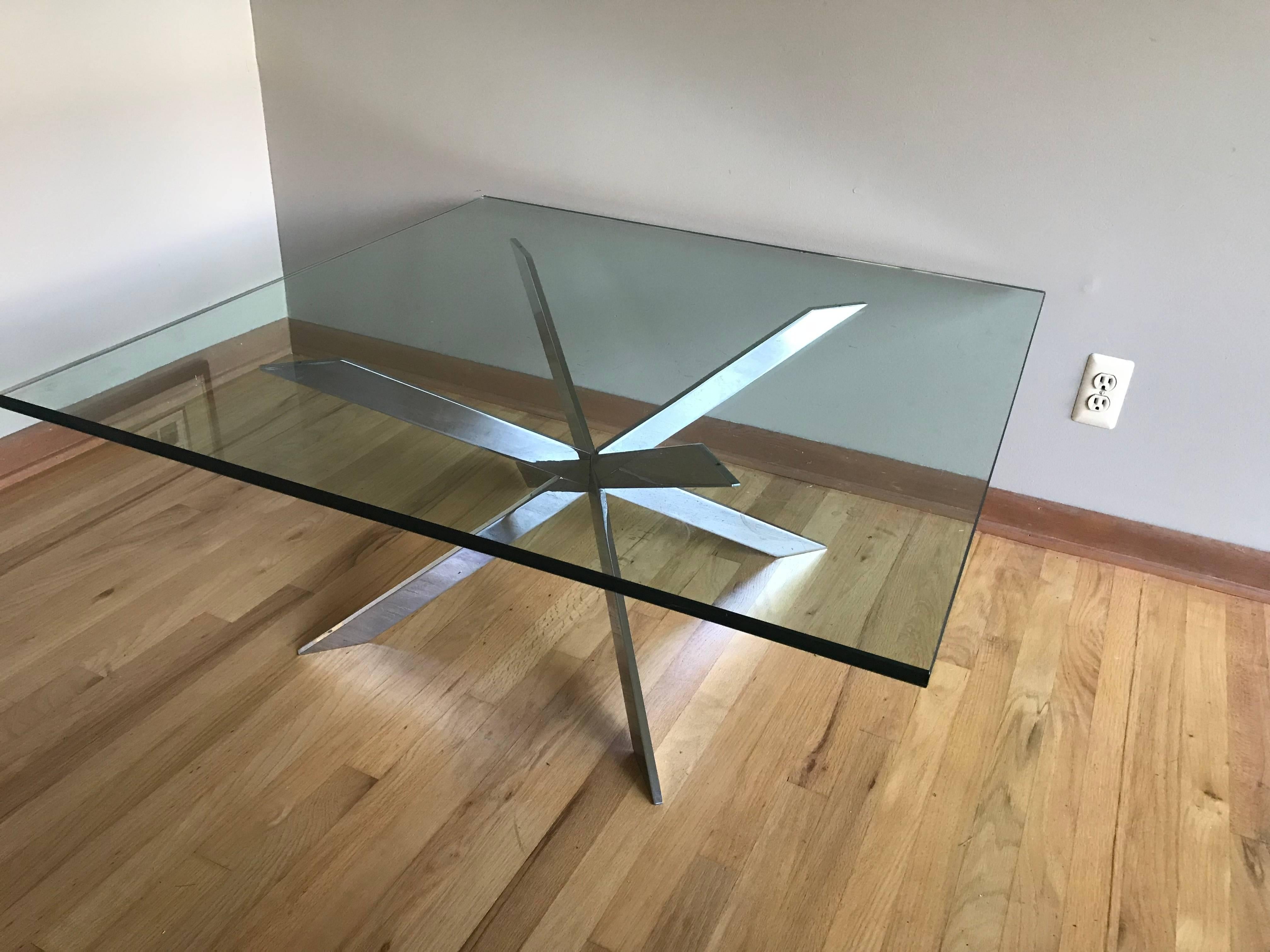 A Leon Rosen for Pace Collection chrome X-base cocktail table with thick 3/4