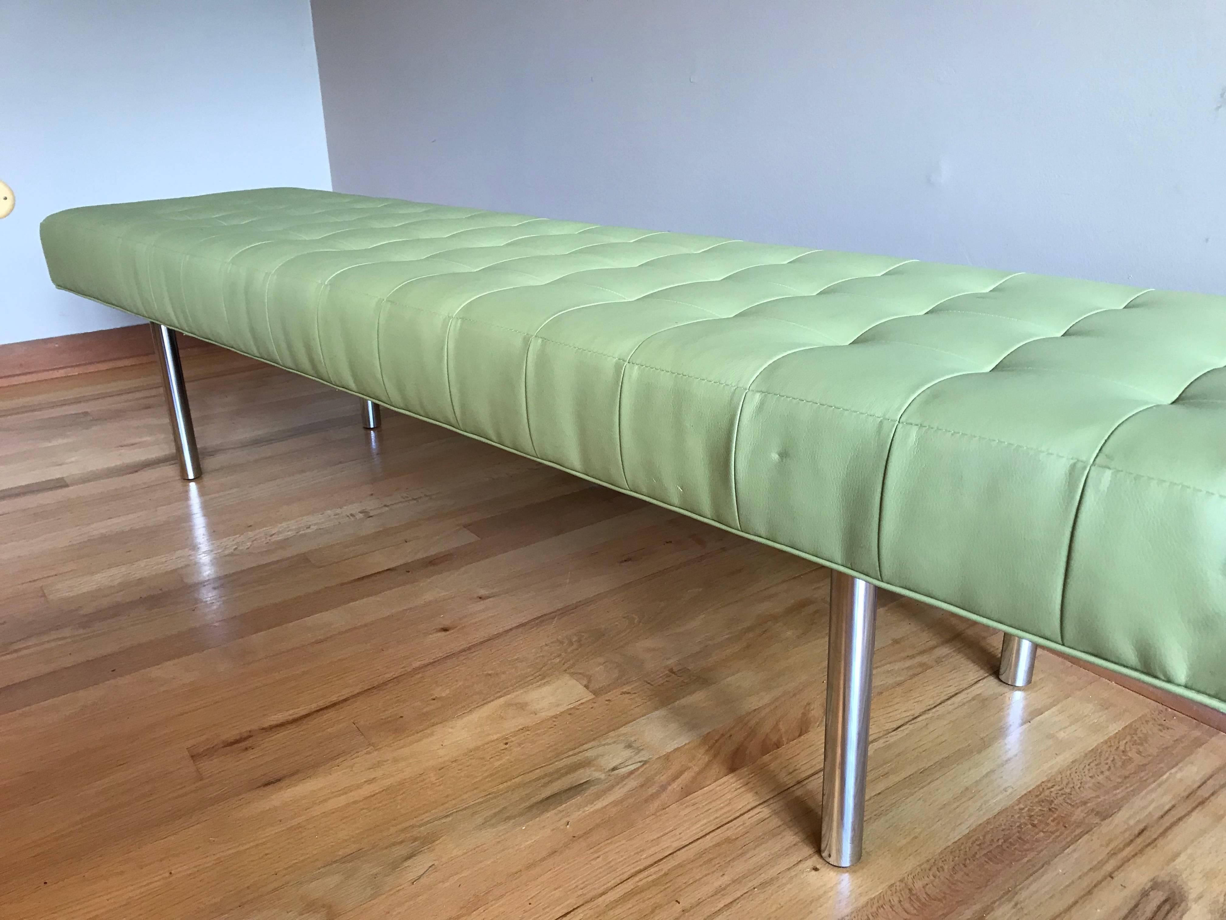 Modern Long Chrome and Tufted Leather Bench