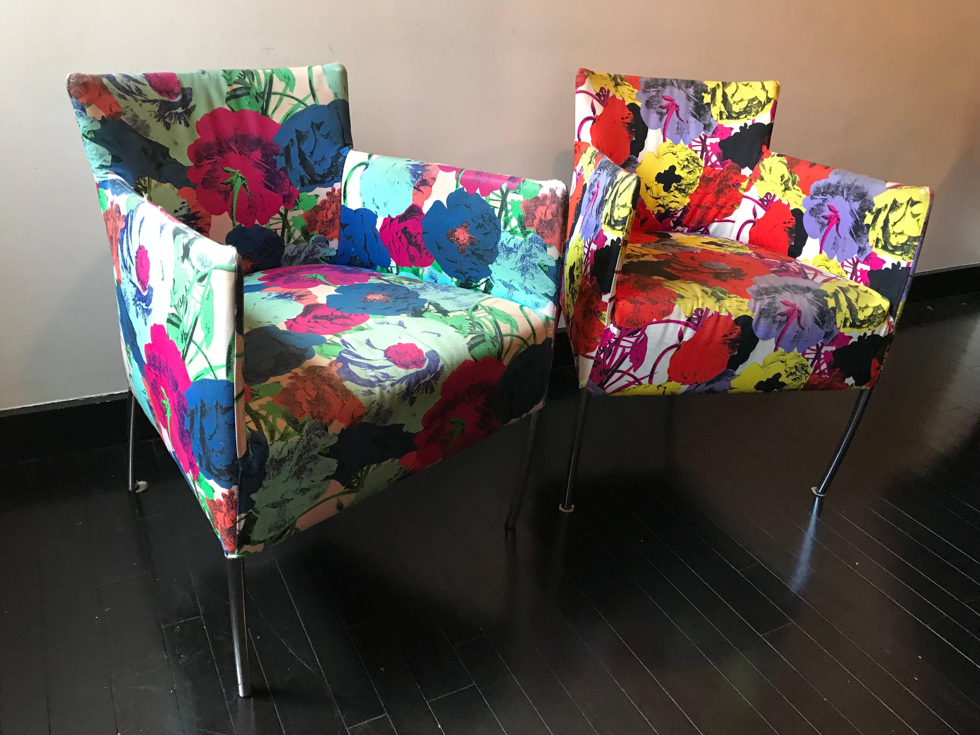 A pair of chairs from the Versace showroom in New York City, late 1990s. Upholstered in their signature Pop Art textile.