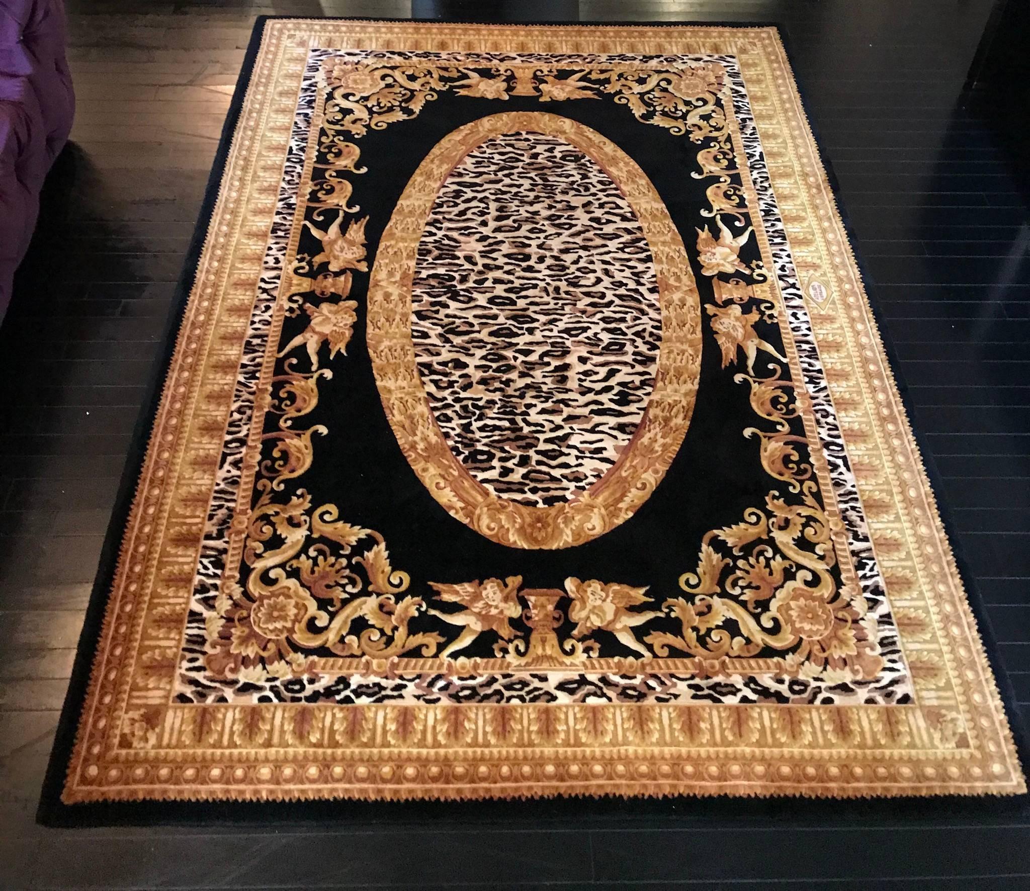 A vintage Gianni Versace Home Signature wool rug. Baroque gold tones with leopard print detail. Entitled 
