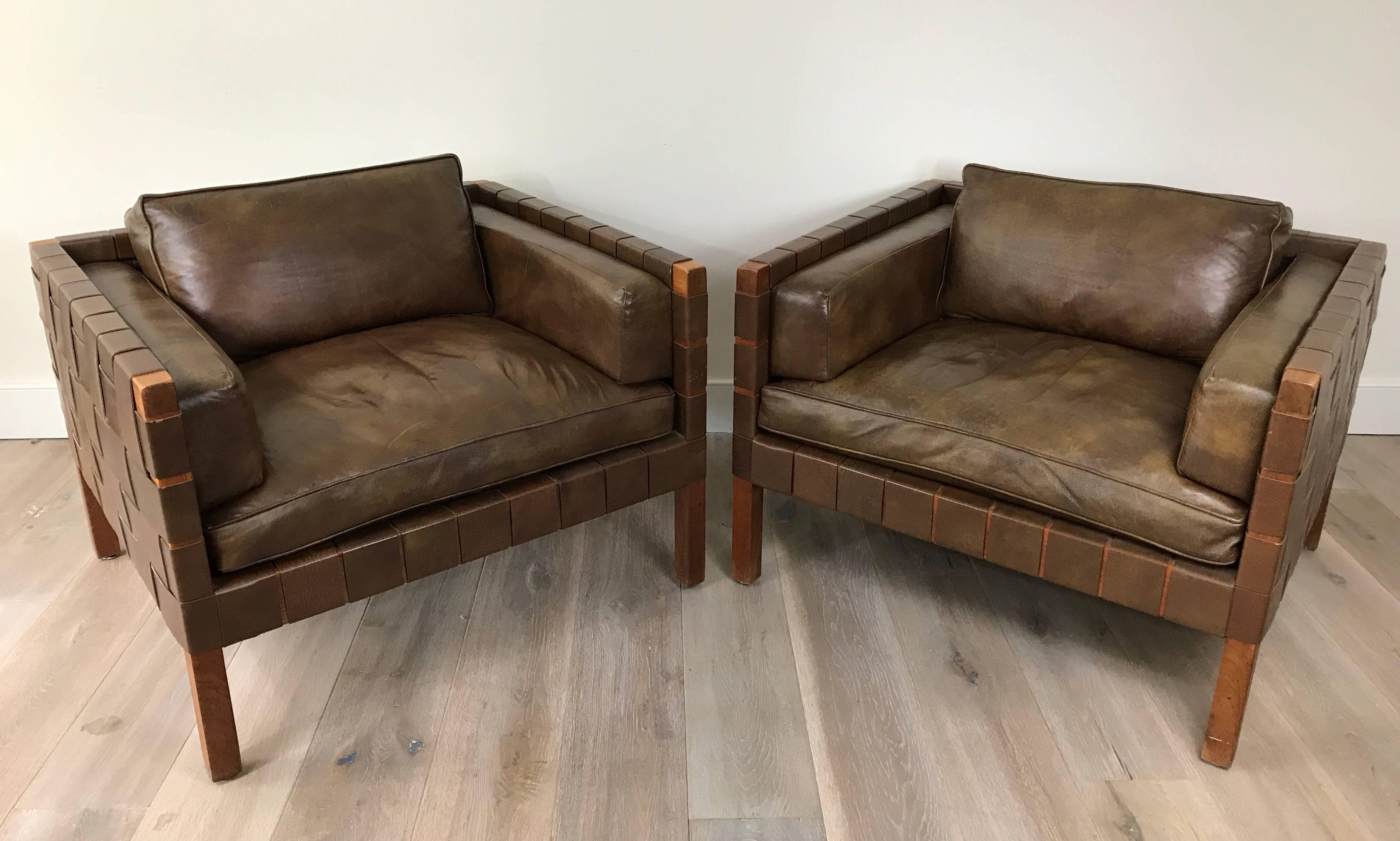 Mid-Century Modern Pair of Woven Leather Danish Club Chairs