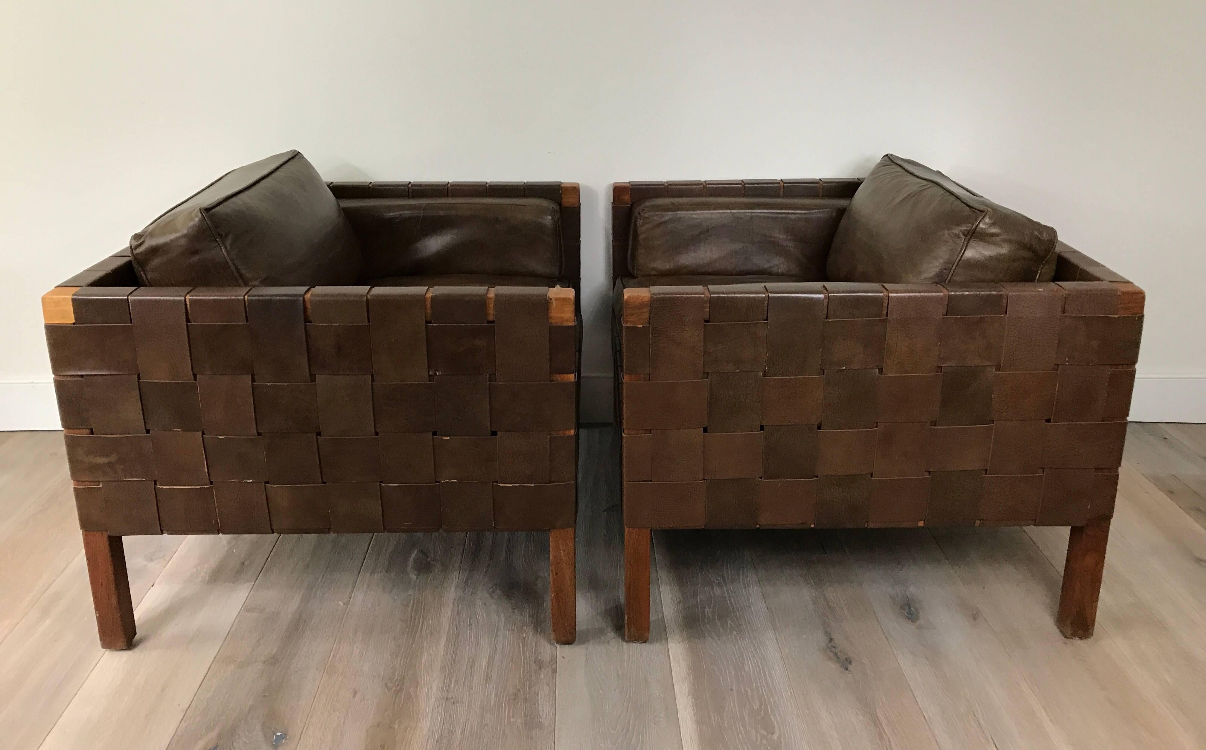 Pair of Woven Leather Danish Club Chairs In Excellent Condition In Stockton, NJ