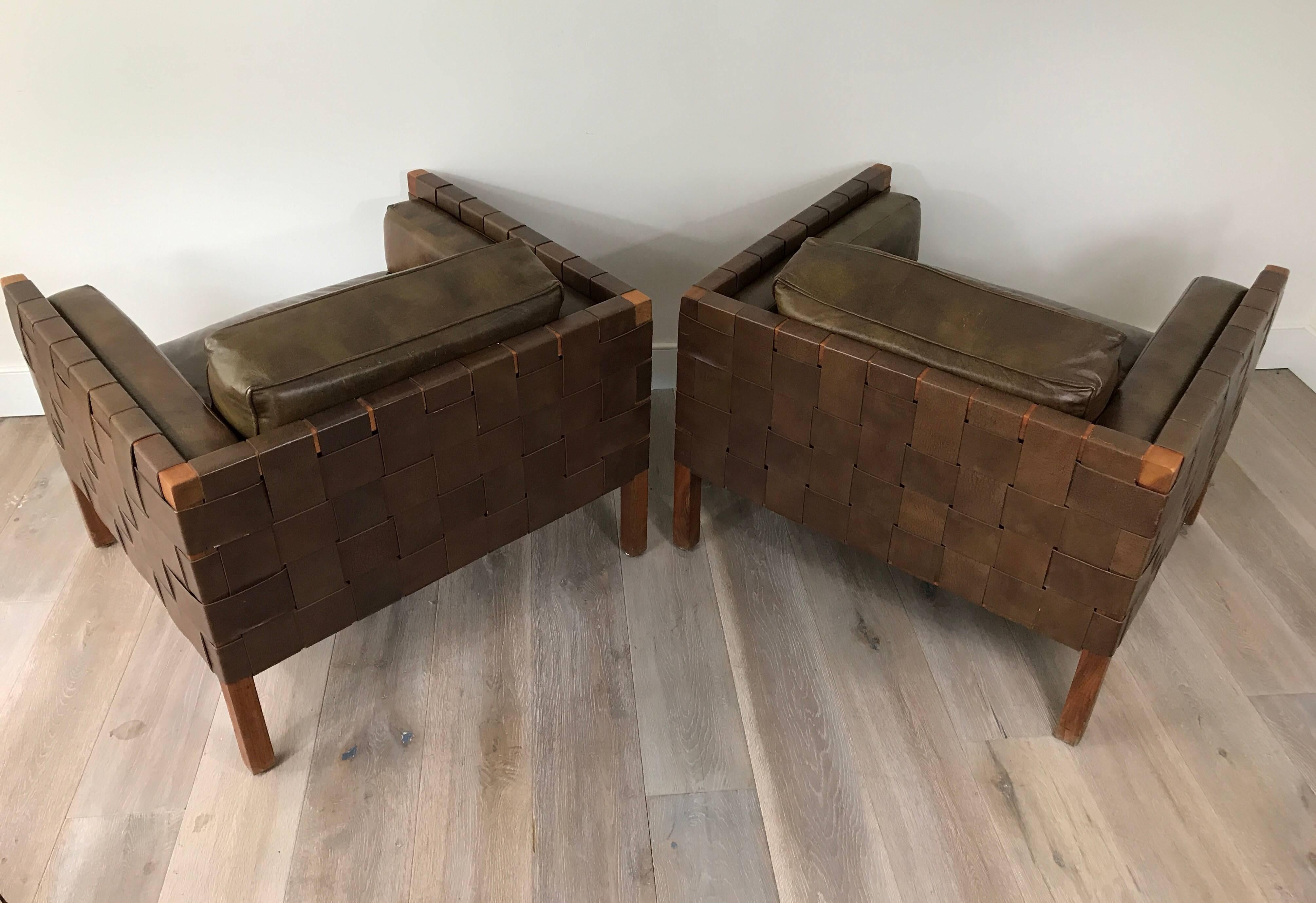 Mid-20th Century Pair of Woven Leather Danish Club Chairs