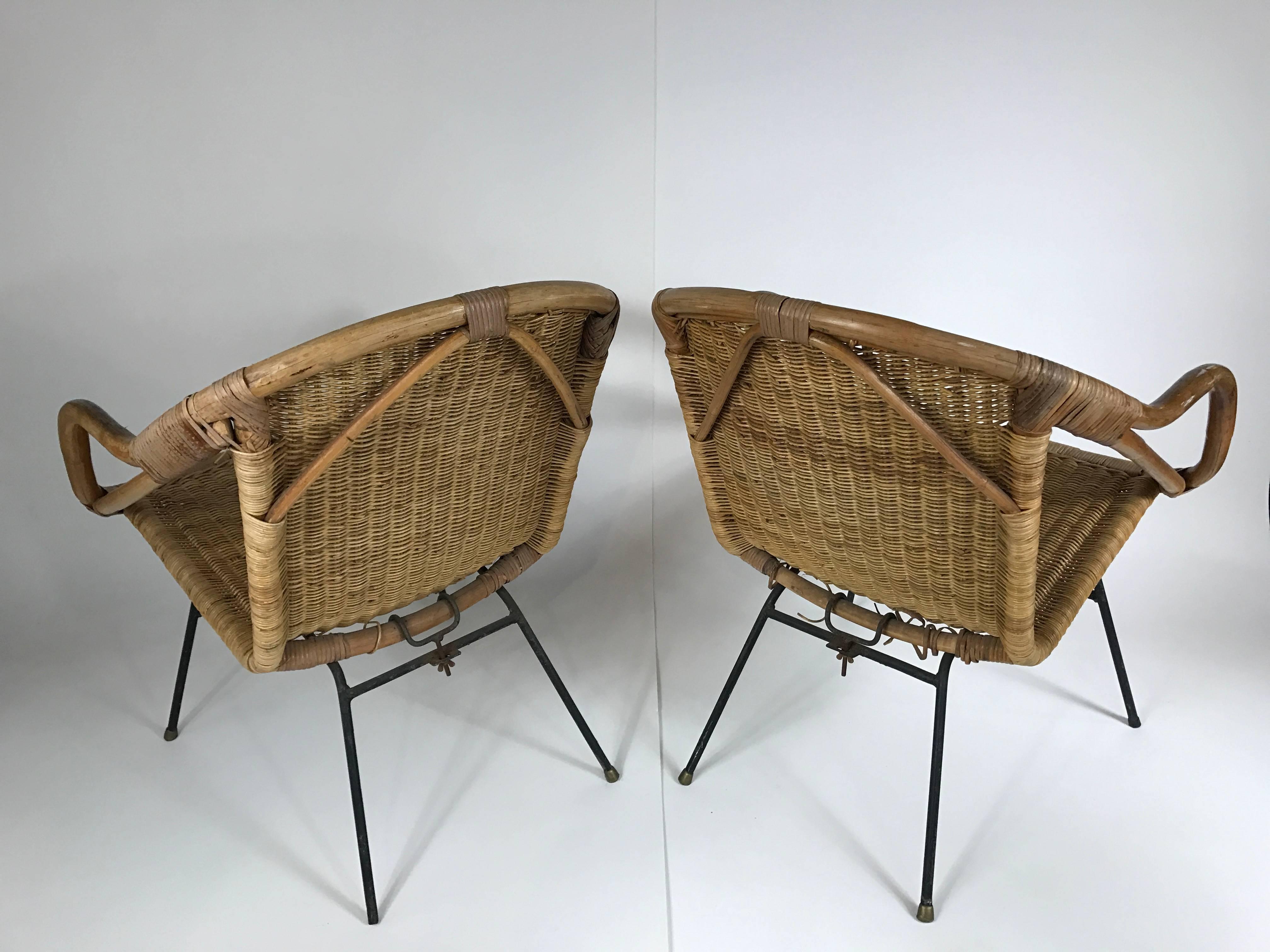 Mid-Century Modern Rattan and Wrought Iron Armchairs in the Manner of Arthur Umanoff