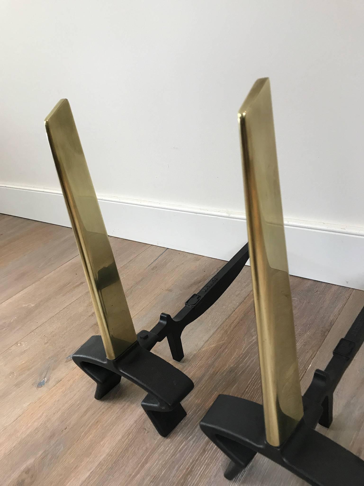 Mid-Century Modern Iron and Brass Andirons by Donald Deskey