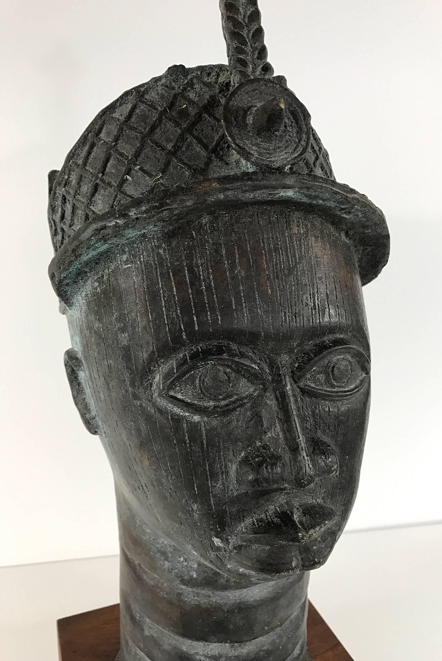 Beninese African Bronze Head Sculpture of King Oba