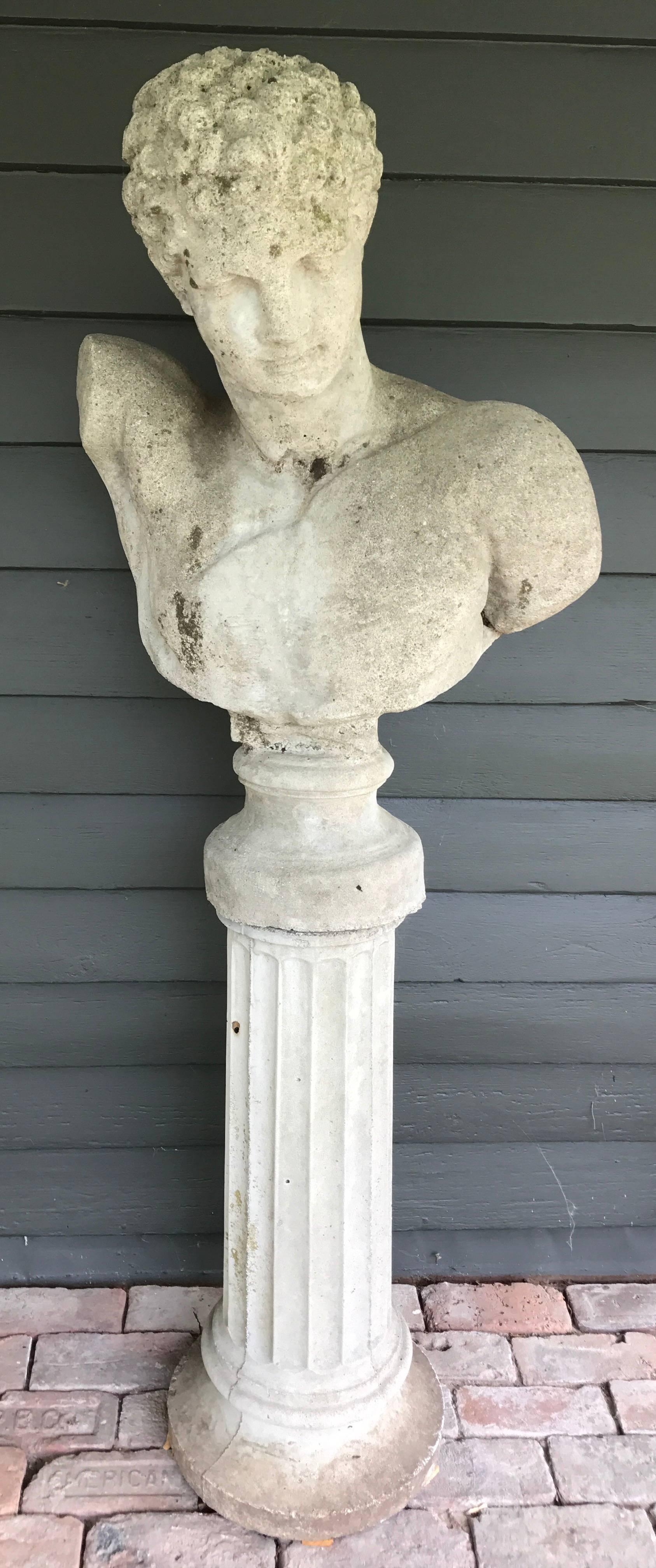 Cast stone Italian classical style garden bust of Hermes with associated column base. Two available.