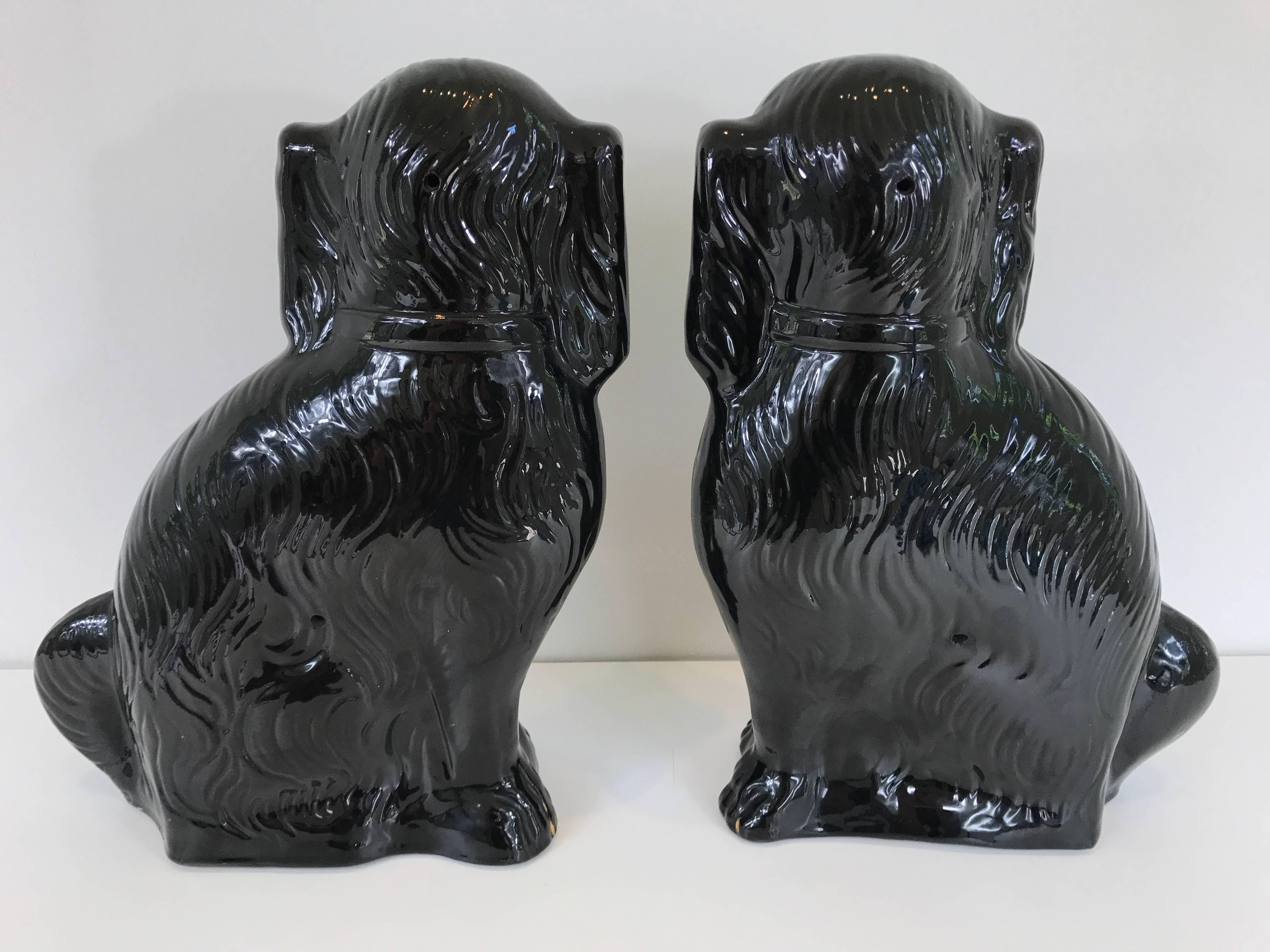English Pair of Large 19th Century Black Staffordshire Dogs