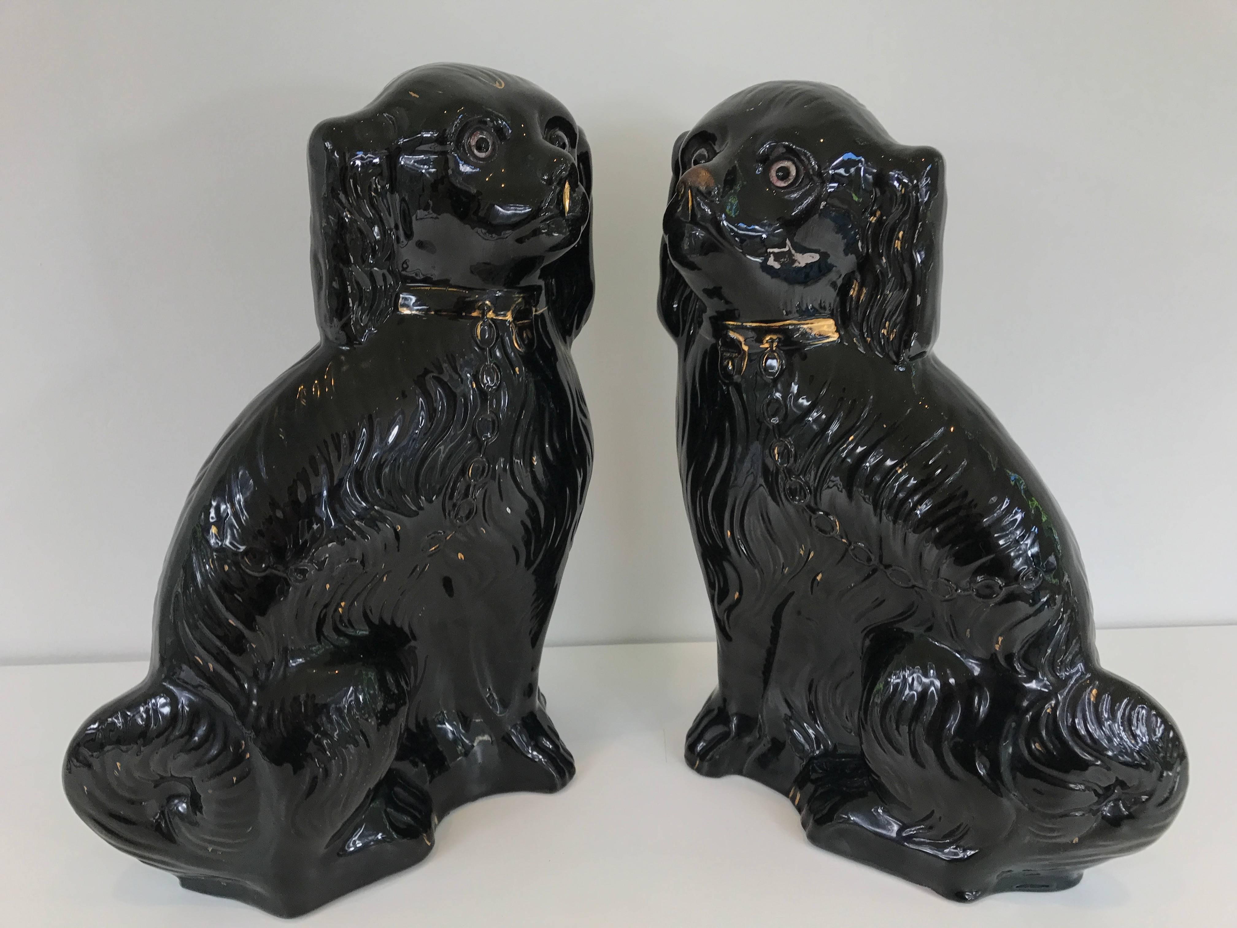 Pair of Large 19th Century Black Staffordshire Dogs In Good Condition In Stockton, NJ