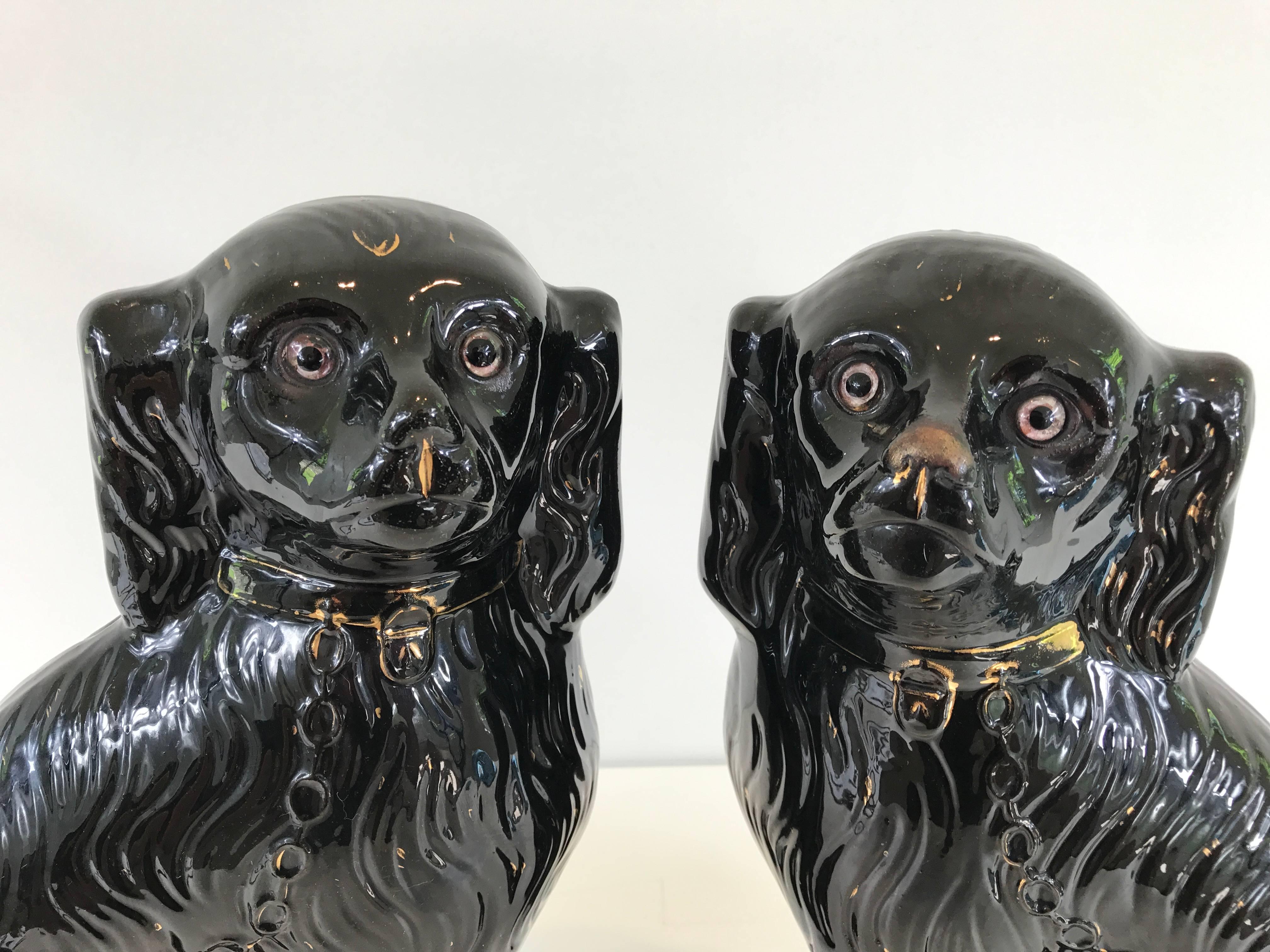 Pair of Large 19th Century Black Staffordshire Dogs 1