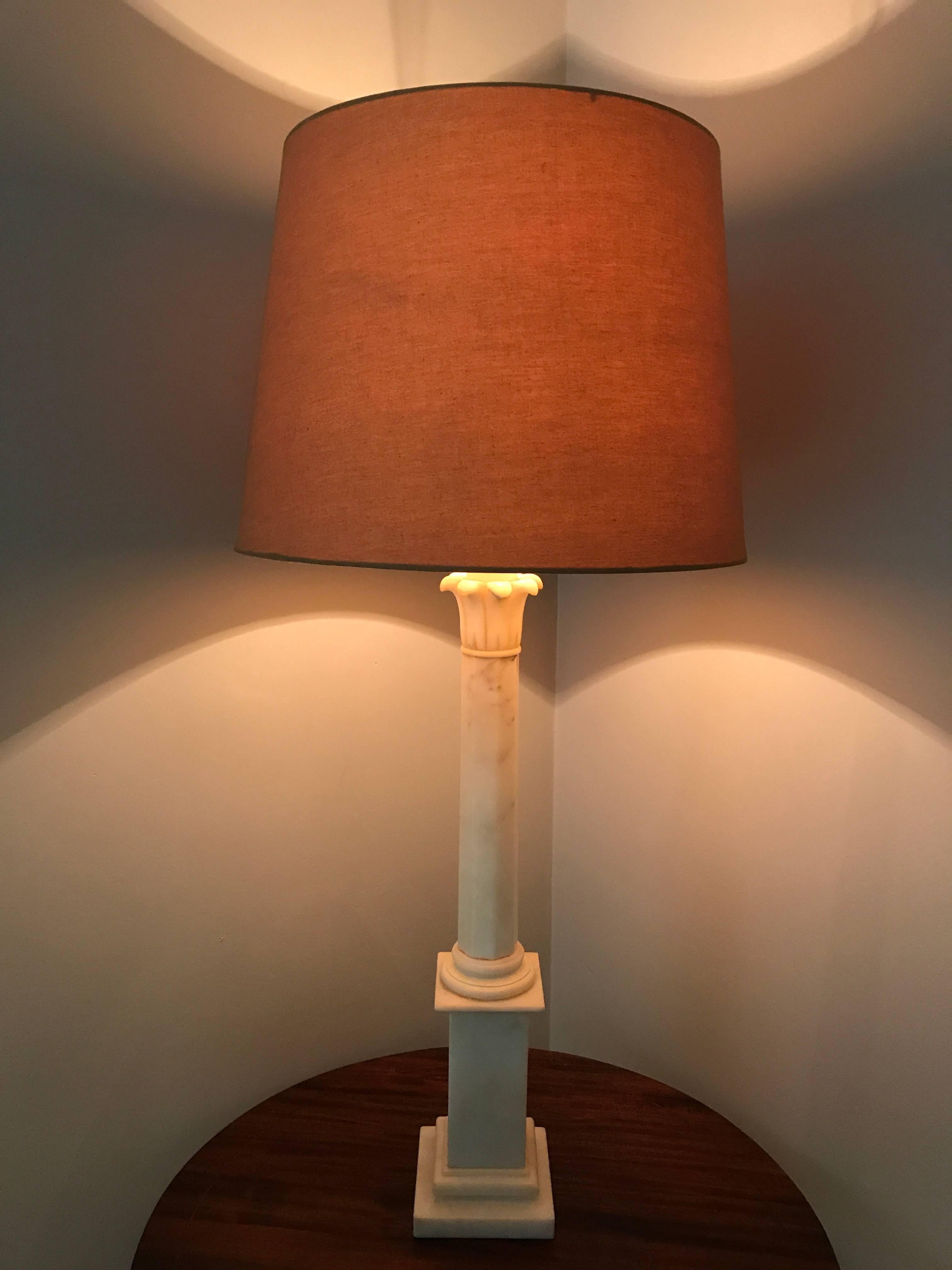 A vintage tall alabaster column lamp. Shade for display purposes only.