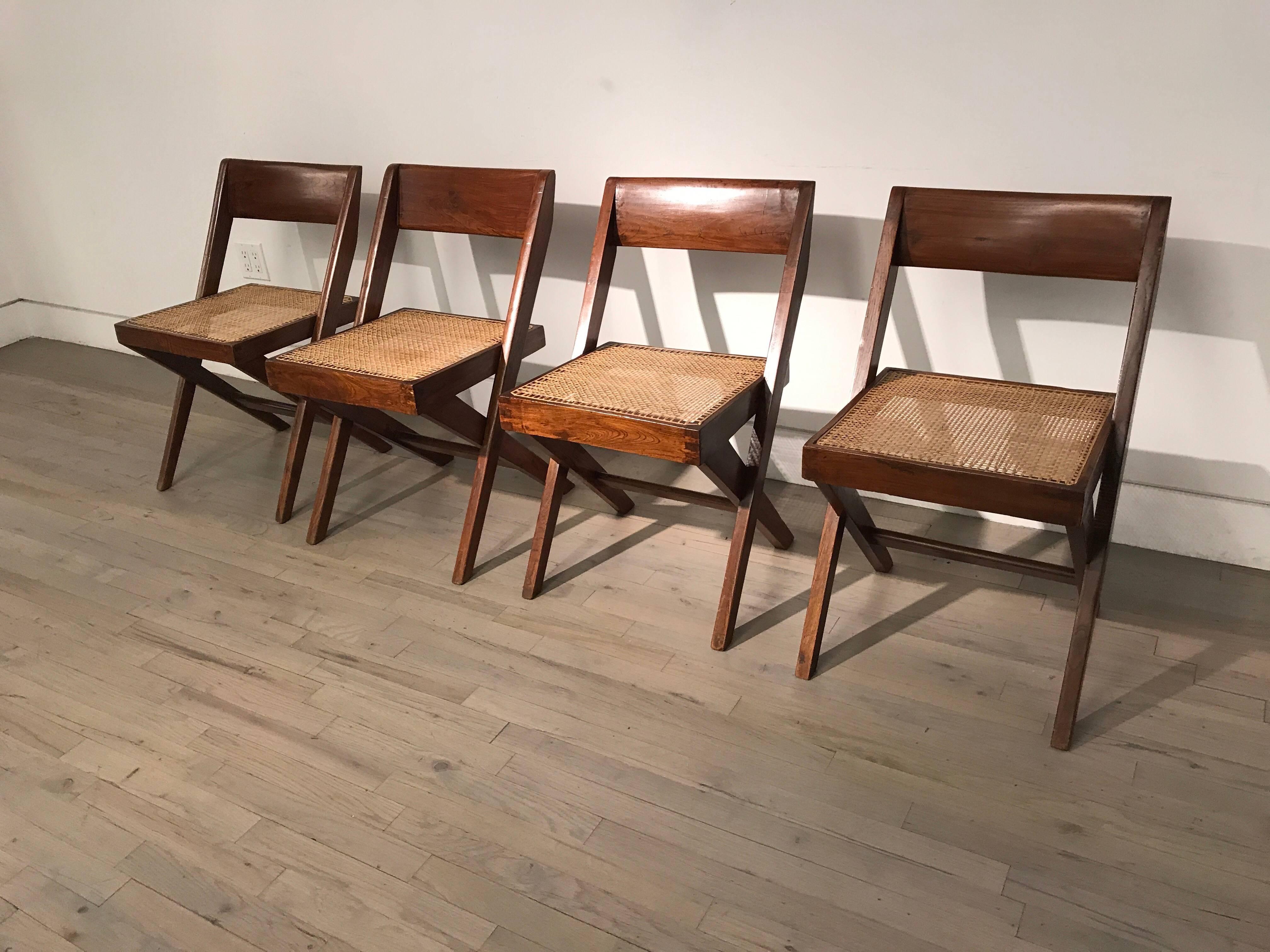 Indian Set of Four Library Chairs by Pierre Jeanneret
