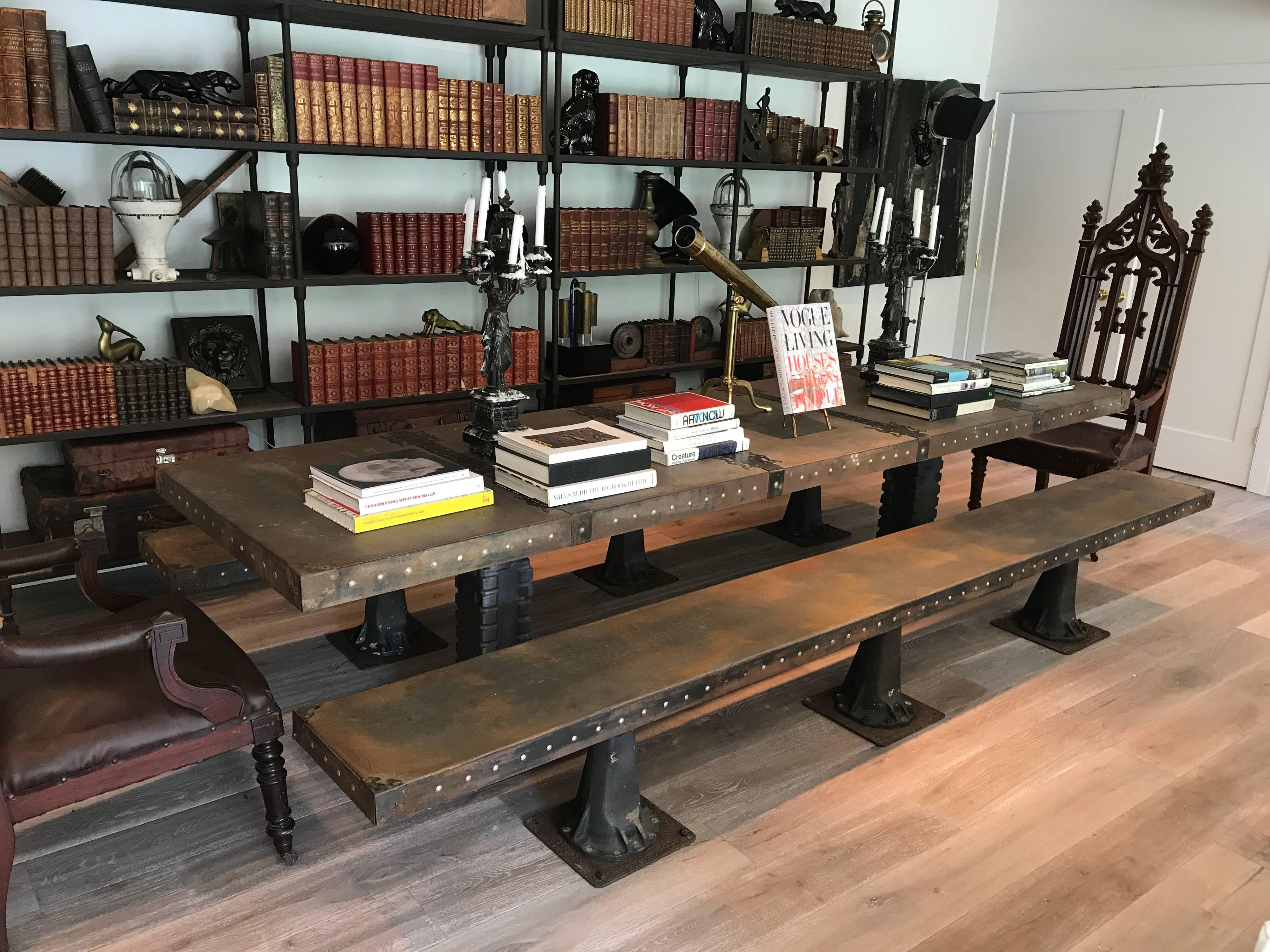 Unknown Industrial Steel Banquet Table and Pair Benches For Sale