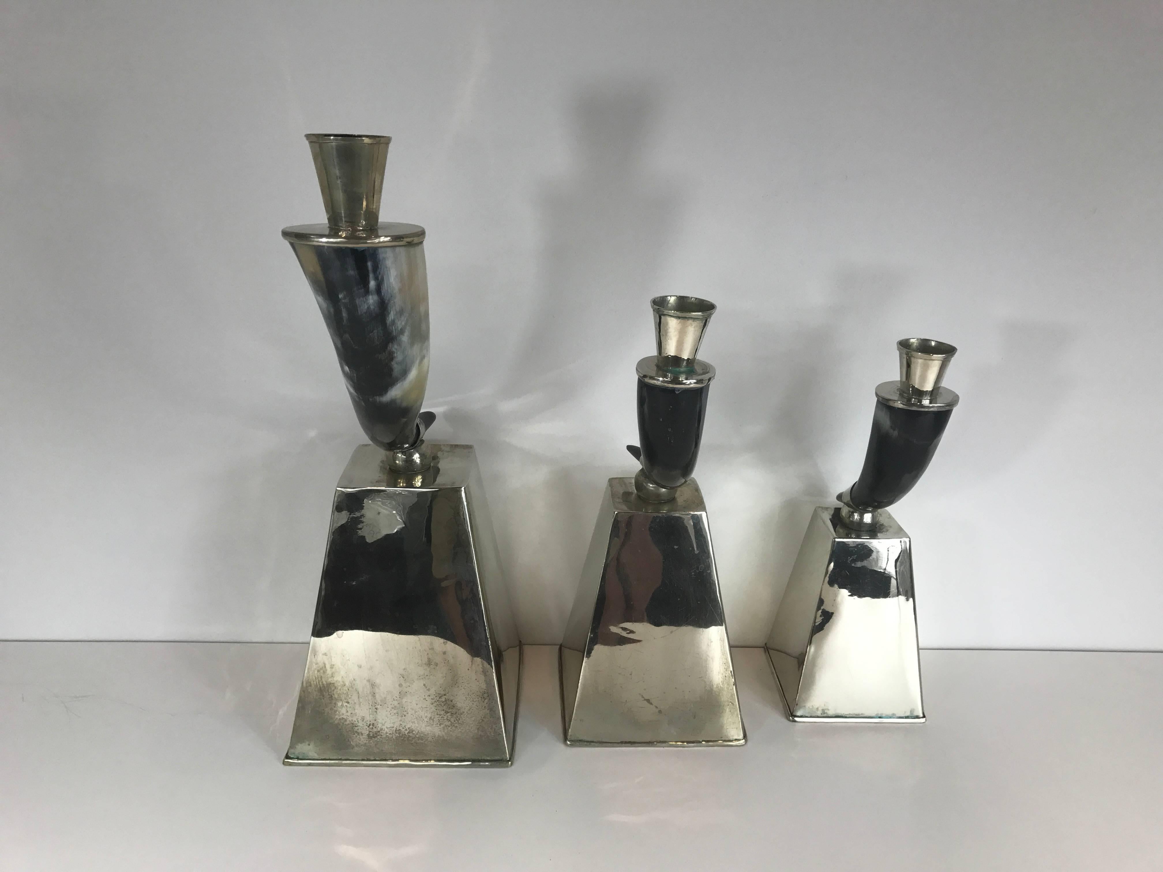 Three Graduated Horn and Silvered Metal Candlesticks In Good Condition In Stockton, NJ