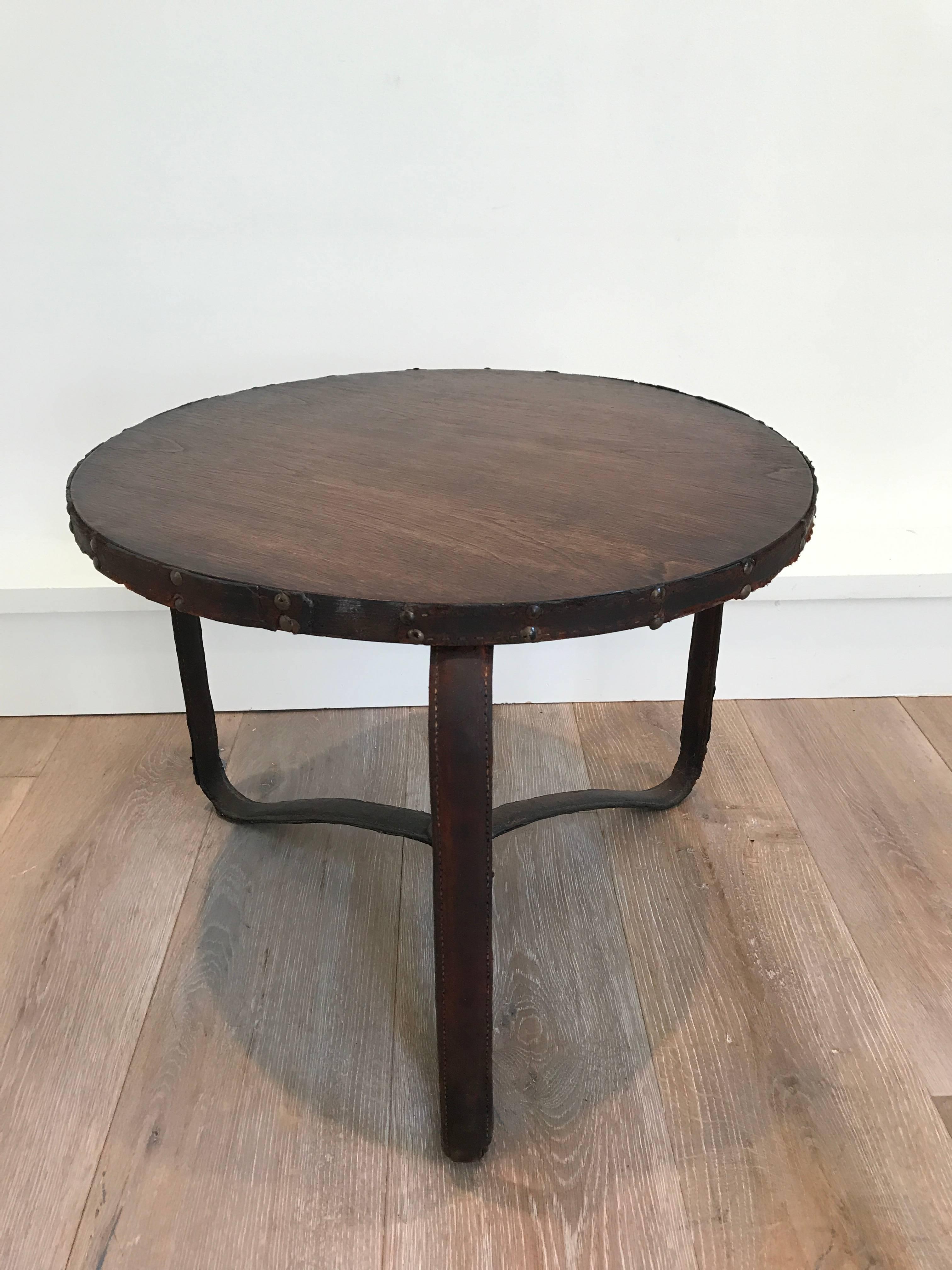 French Jacques Adnet Stitched Leather Table For Sale