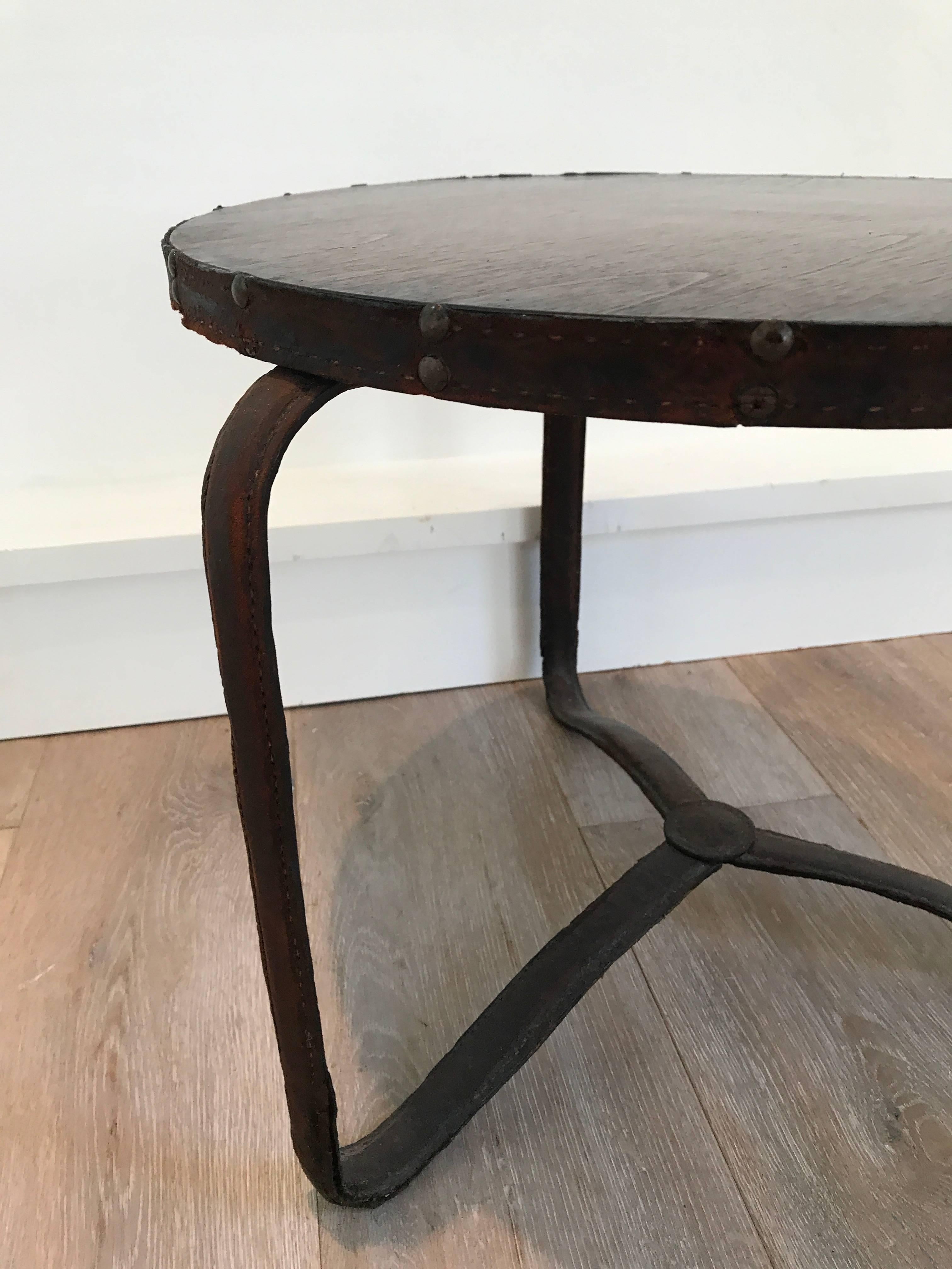 Jacques Adnet Stitched Leather Table In Fair Condition For Sale In Stockton, NJ