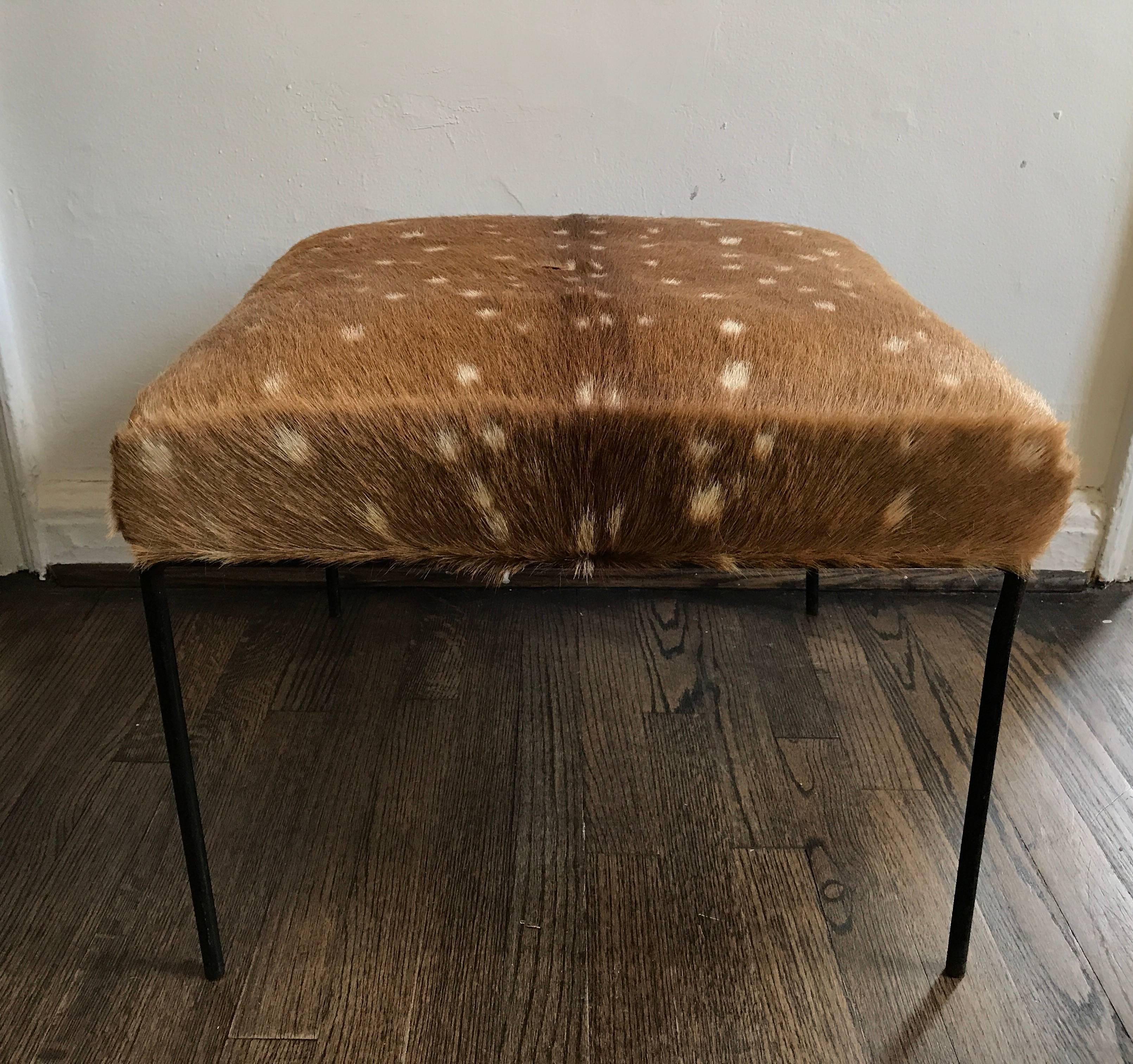 Wrought iron square stool by Paul McCobb upholstered in vintage spotted deer hide.