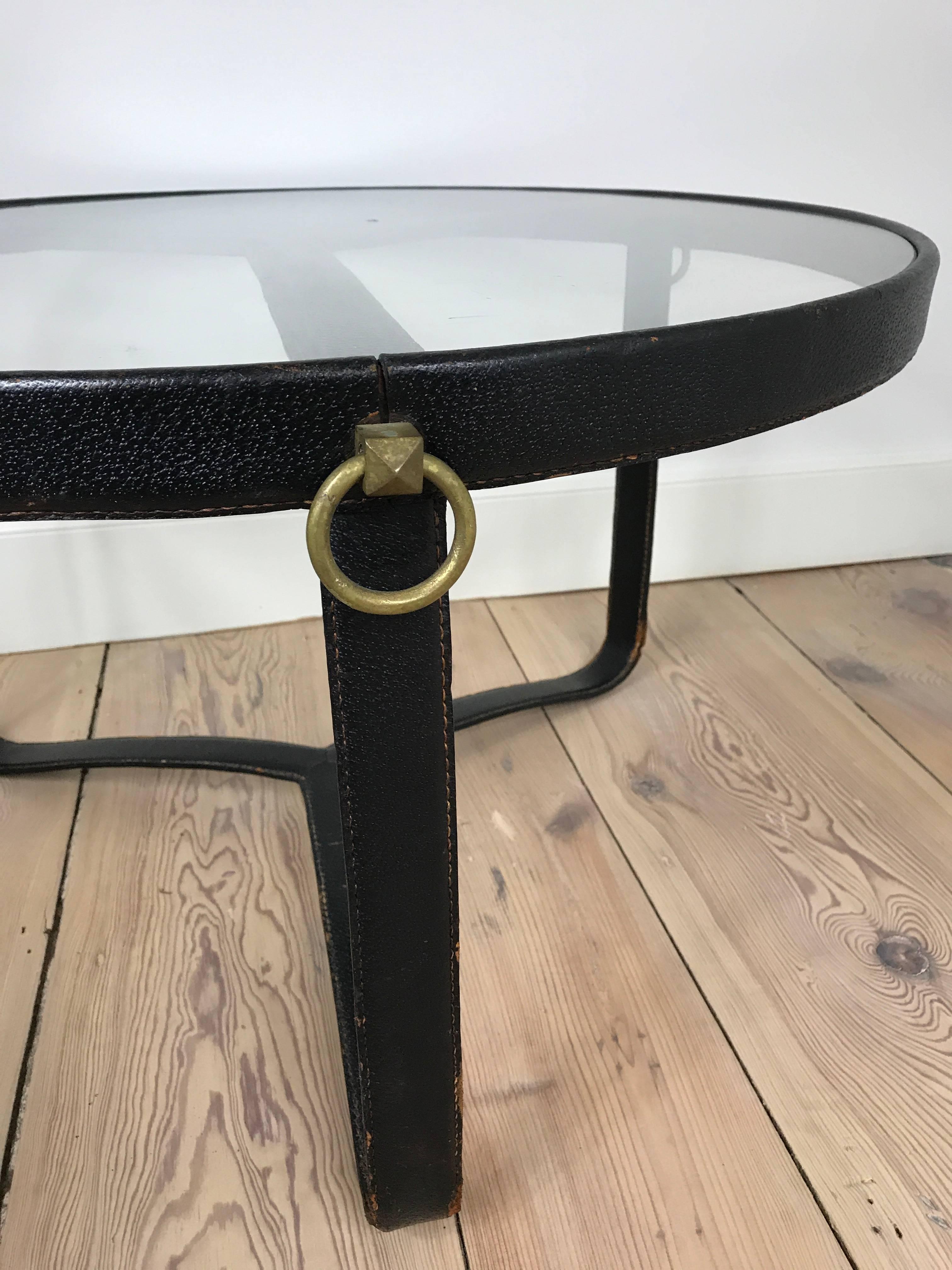 French Jacques Adnet Stitched Leather Cocktail Table