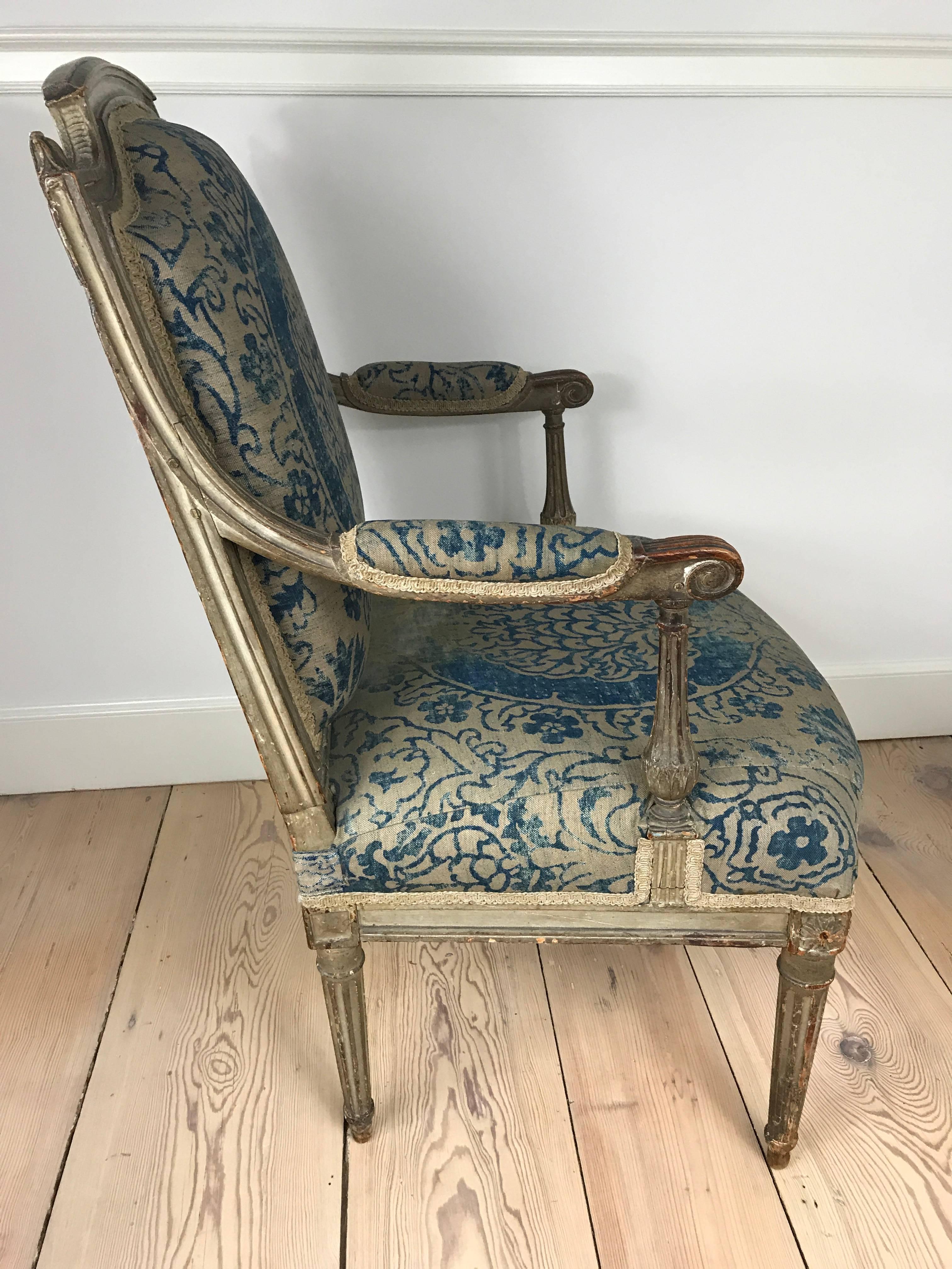 French 18th Century Louis XVI Fauteuil Upholstered in Fortuny Fabric