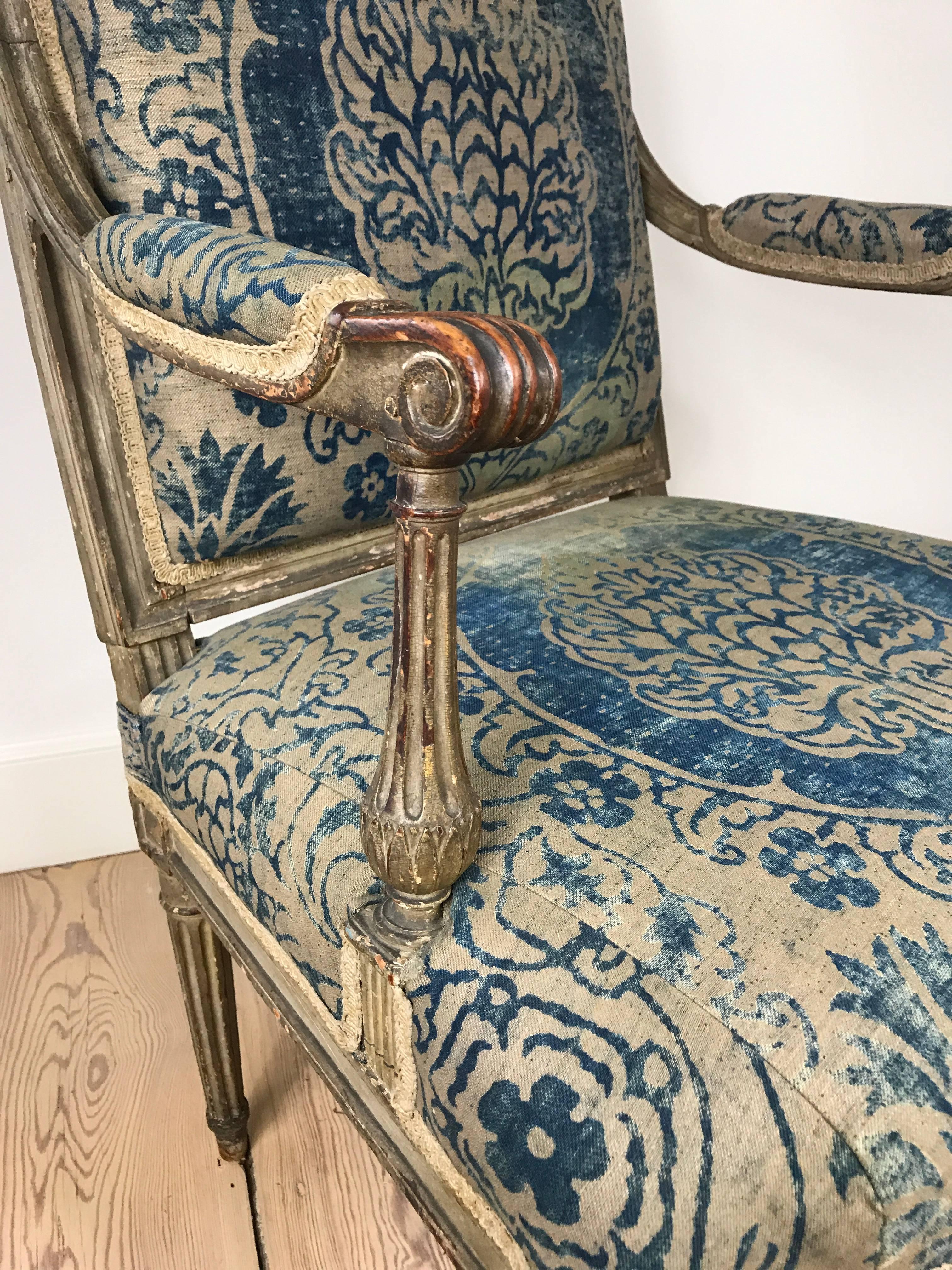 18th Century Louis XVI Fauteuil Upholstered in Fortuny Fabric 1