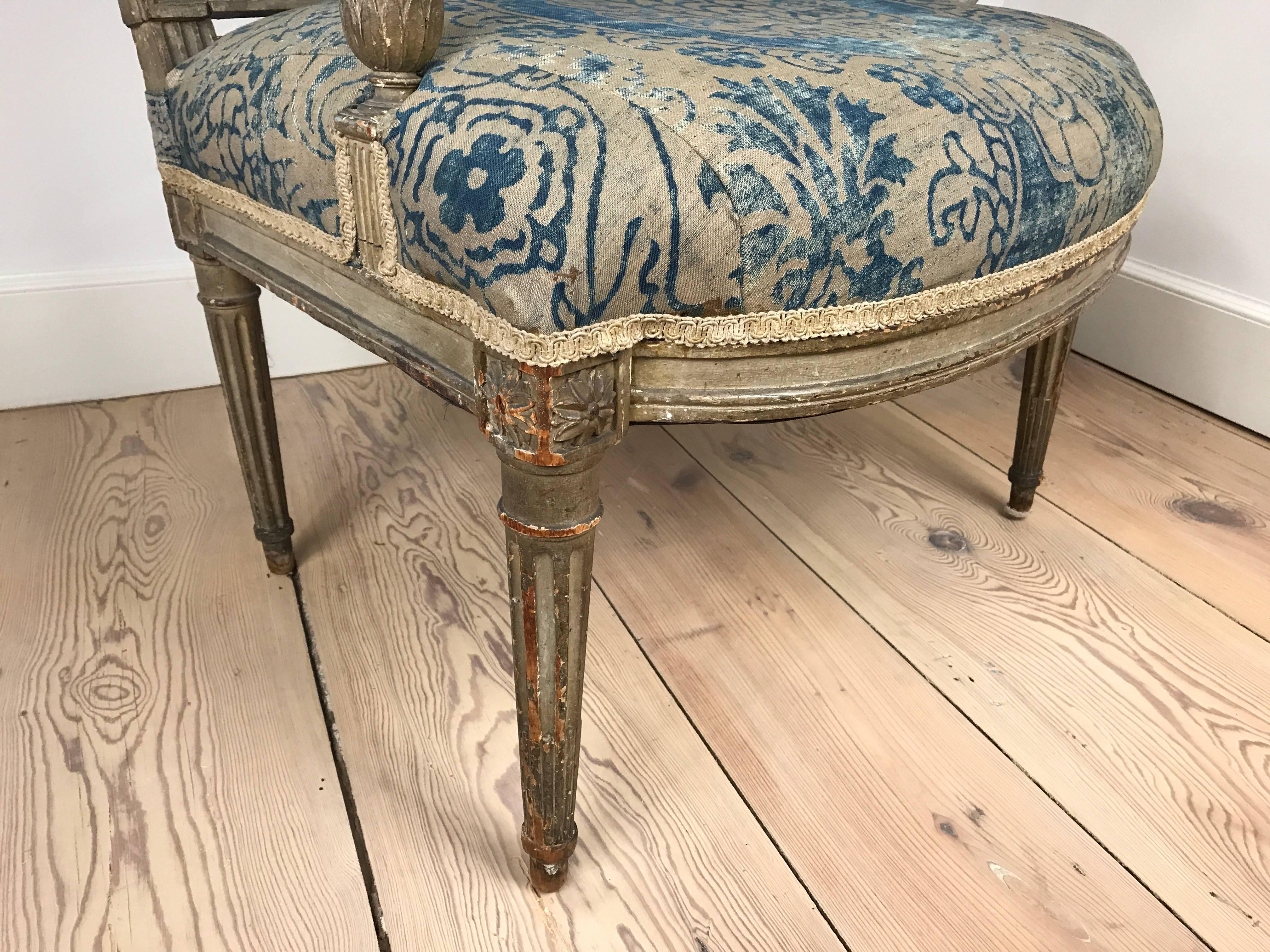 18th Century Louis XVI Fauteuil Upholstered in Fortuny Fabric 2