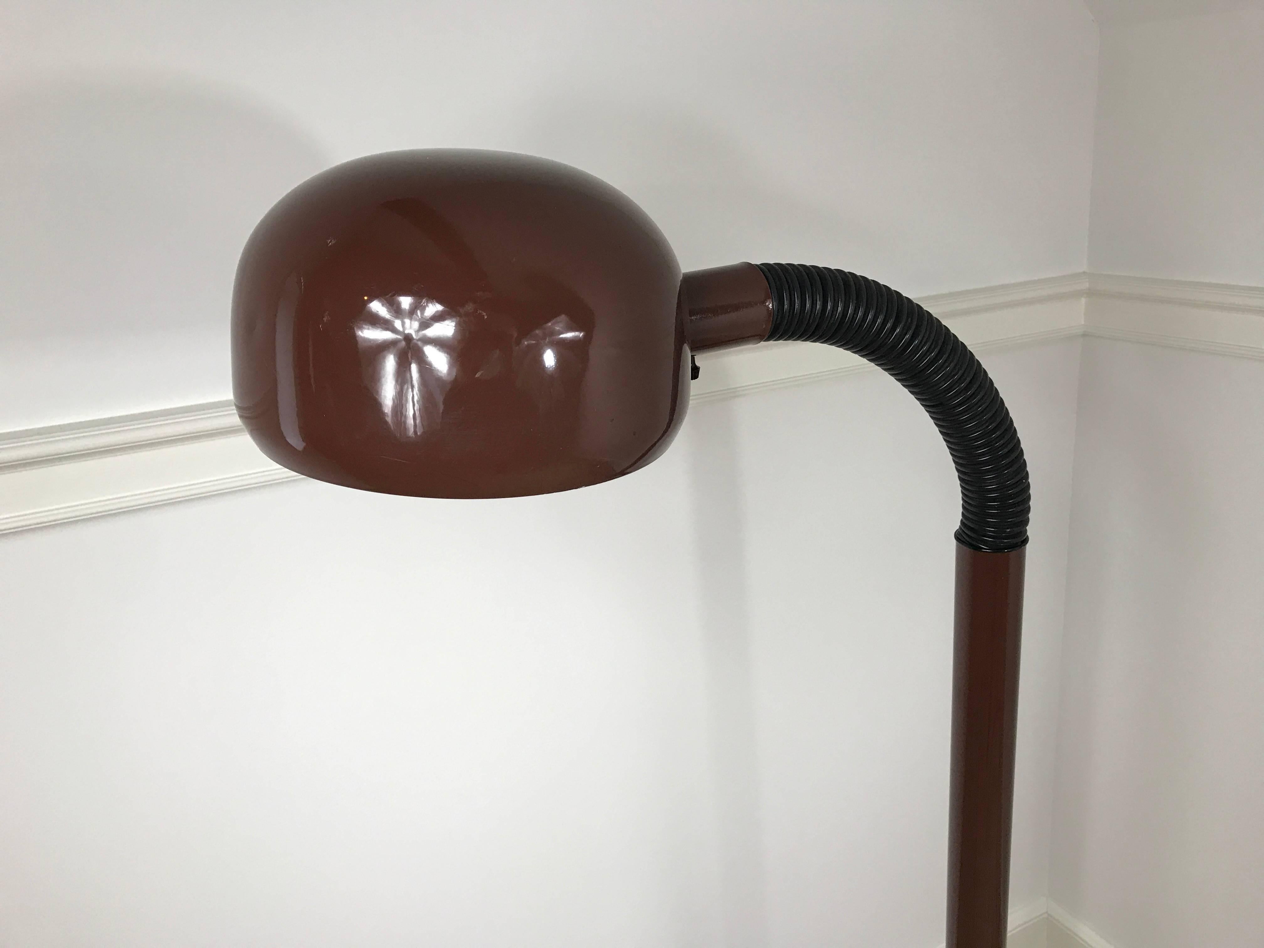 Brown enameled floor lamp with adjustable goose neck by Joe Colombo.