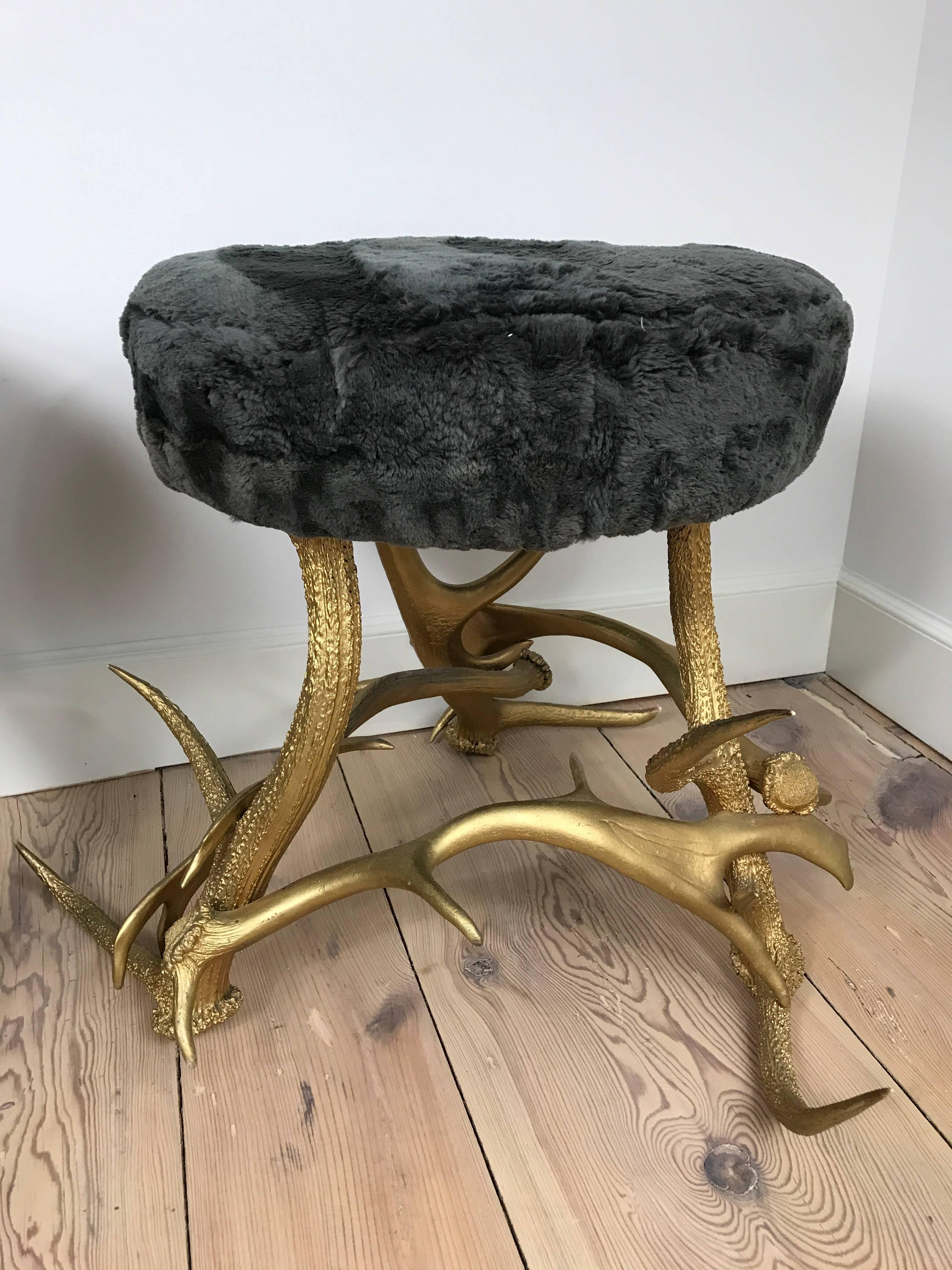 Unknown Pair of Antler Stools with Beaver Fur Seats