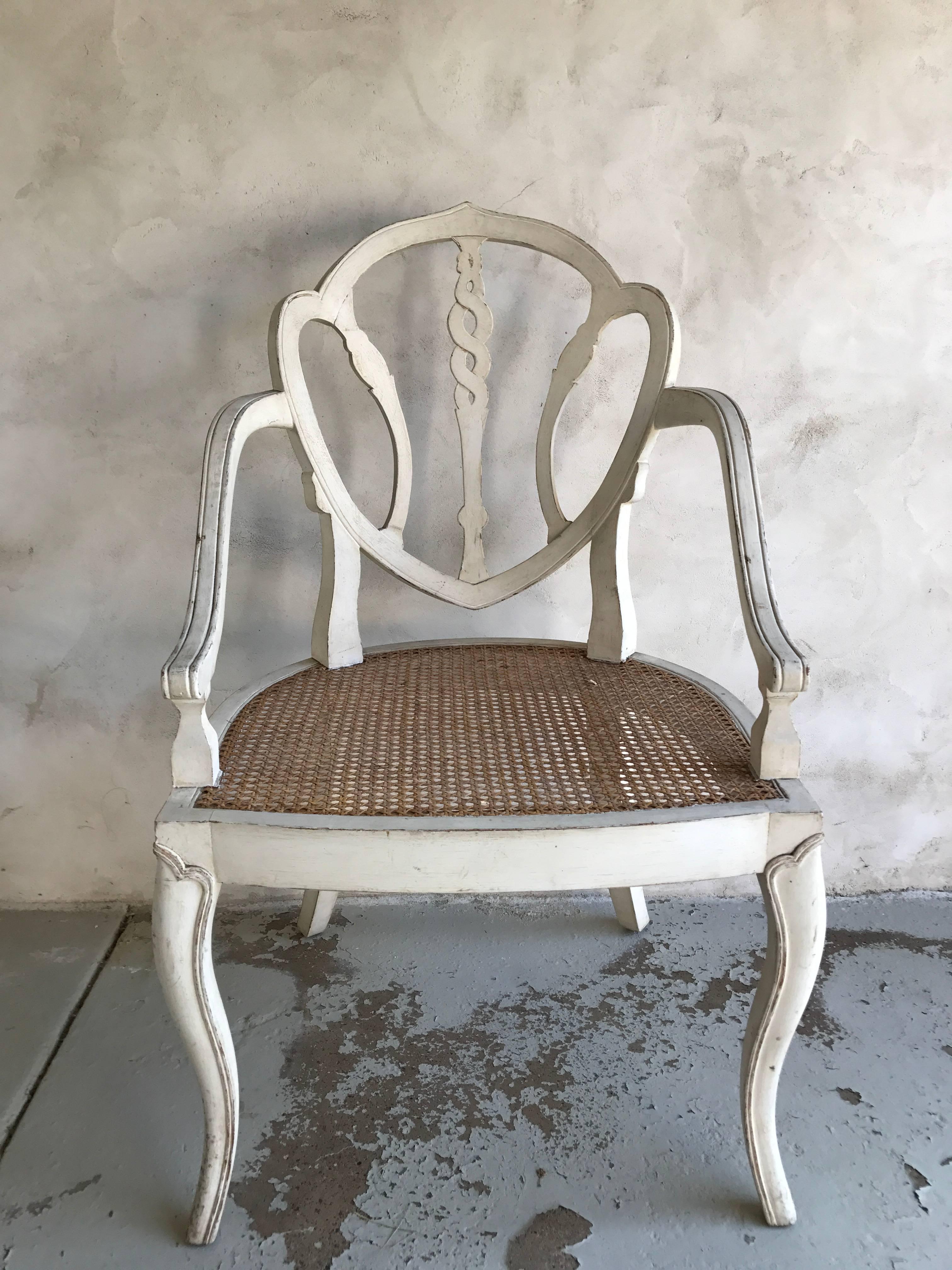 Unknown Pair of White Washed Armchairs with Cane Seating