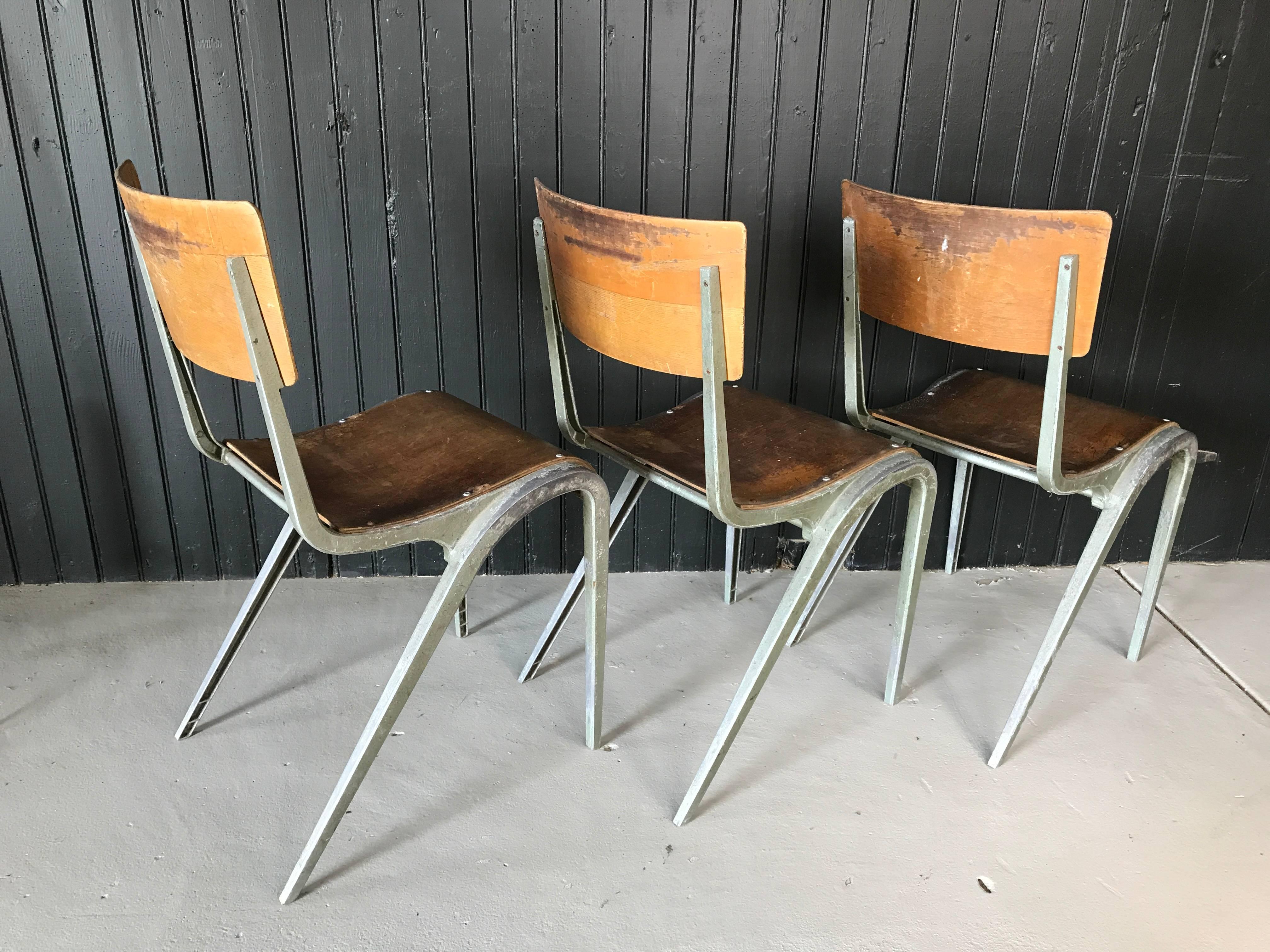 Three French Industrial Chairs by James Leonard for Esavian In Distressed Condition In Stockton, NJ