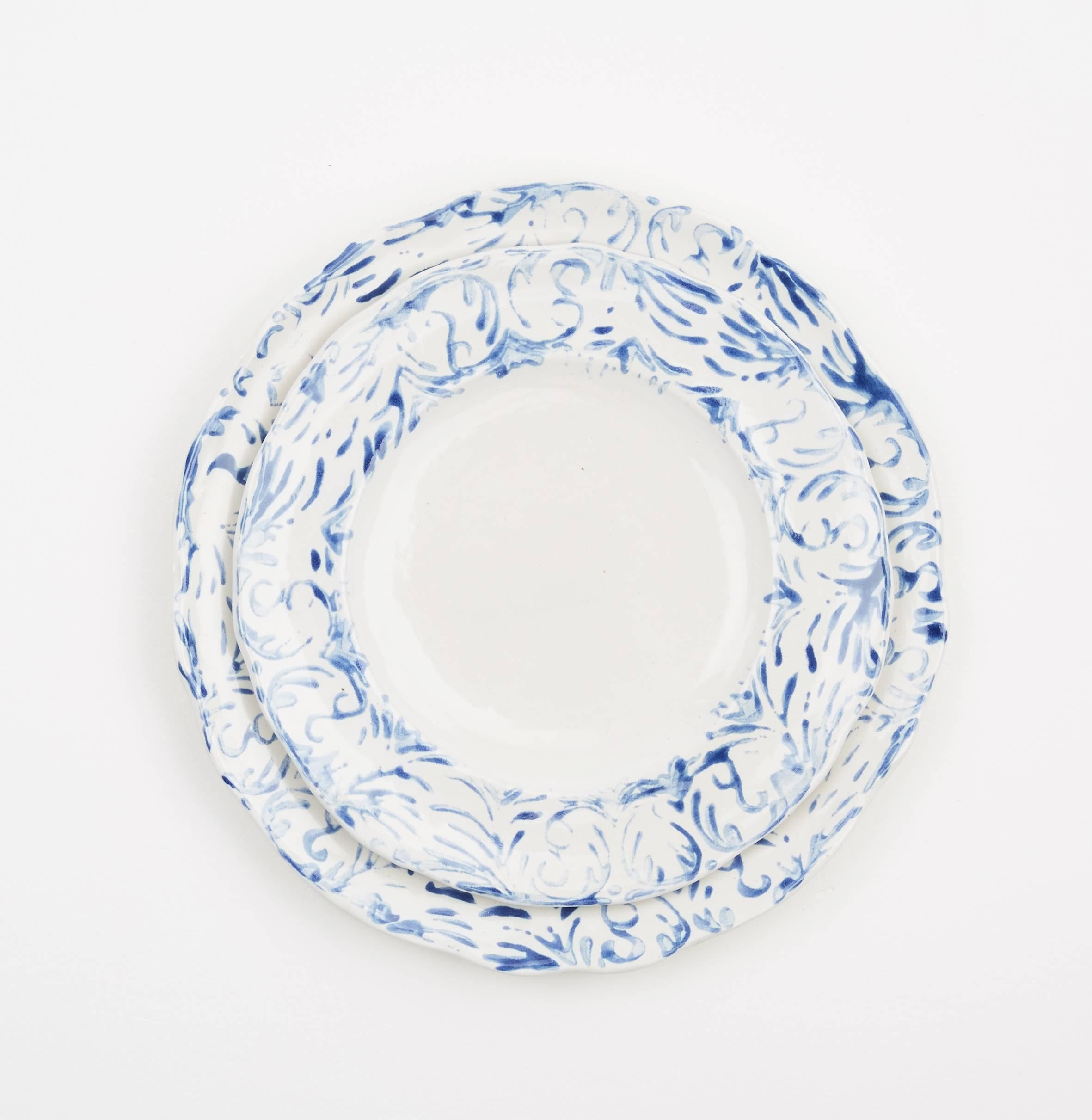 Hand Printed Blue and White Dessert Plates, Set of Four In Excellent Condition For Sale In Milano, Italy