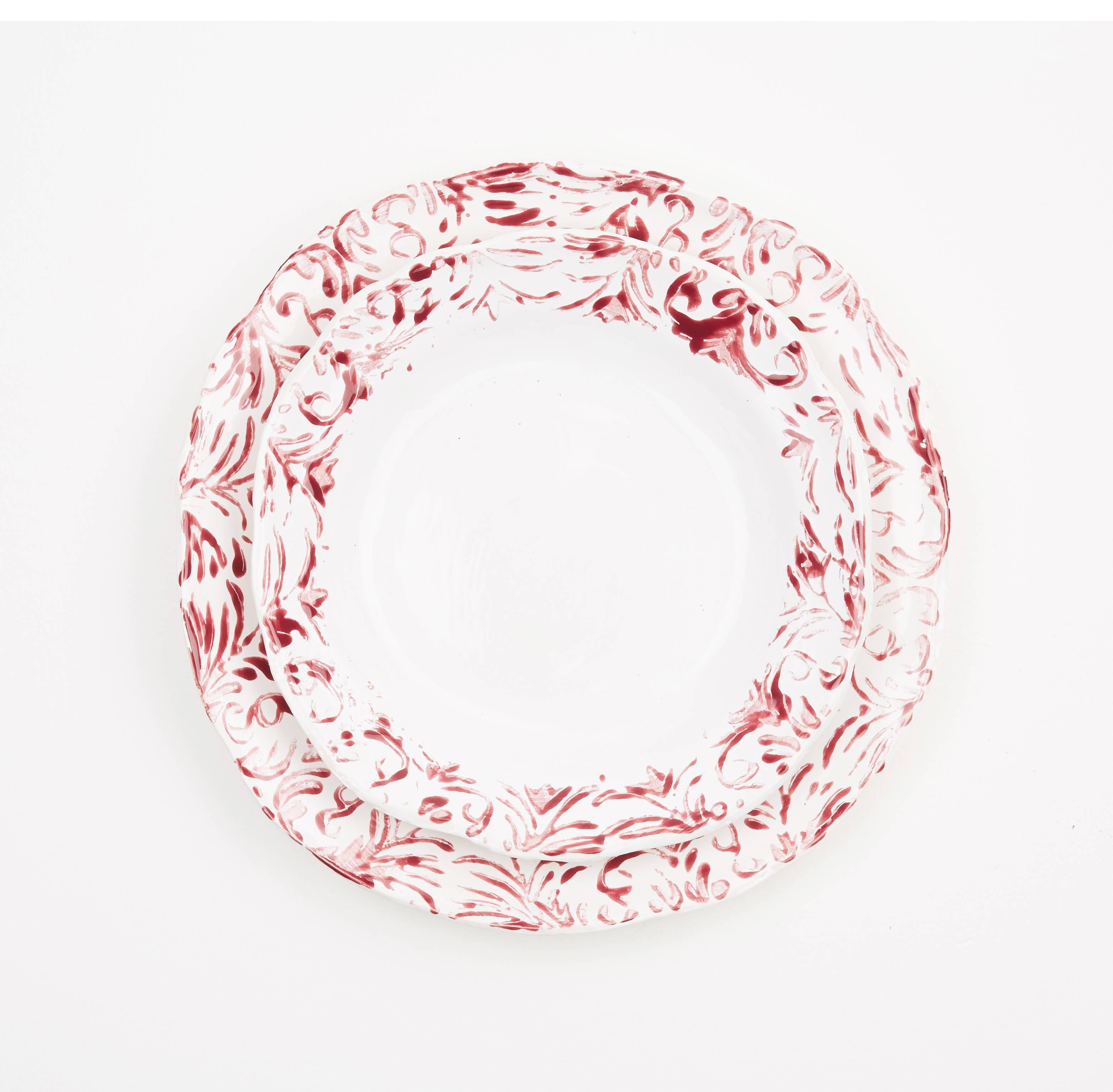 Hungarian Hand Printed Red and White Dessert Plates, Set of Four For Sale