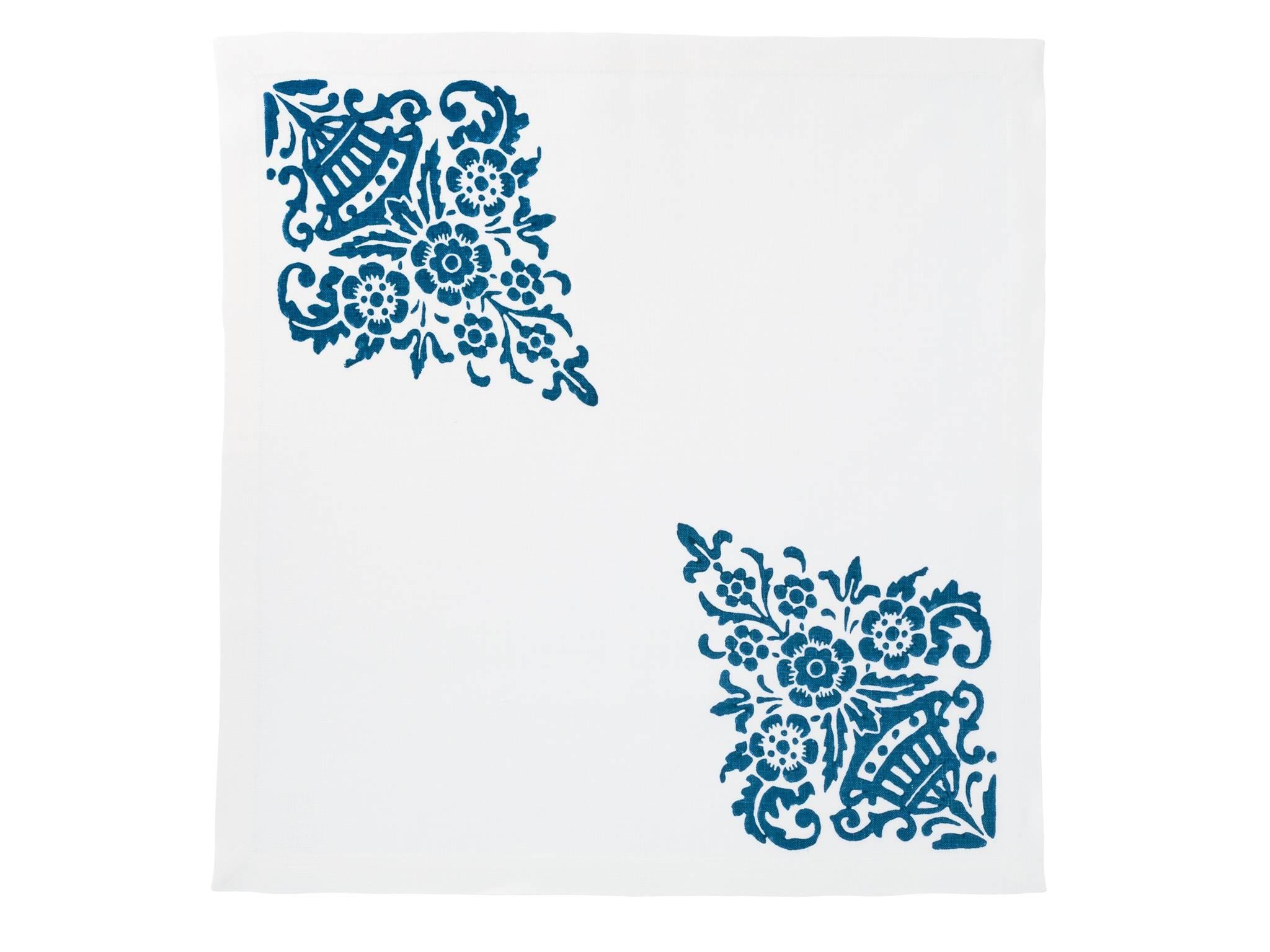 Italian Blue Hand Printed Linen Napkins, Set of Four For Sale
