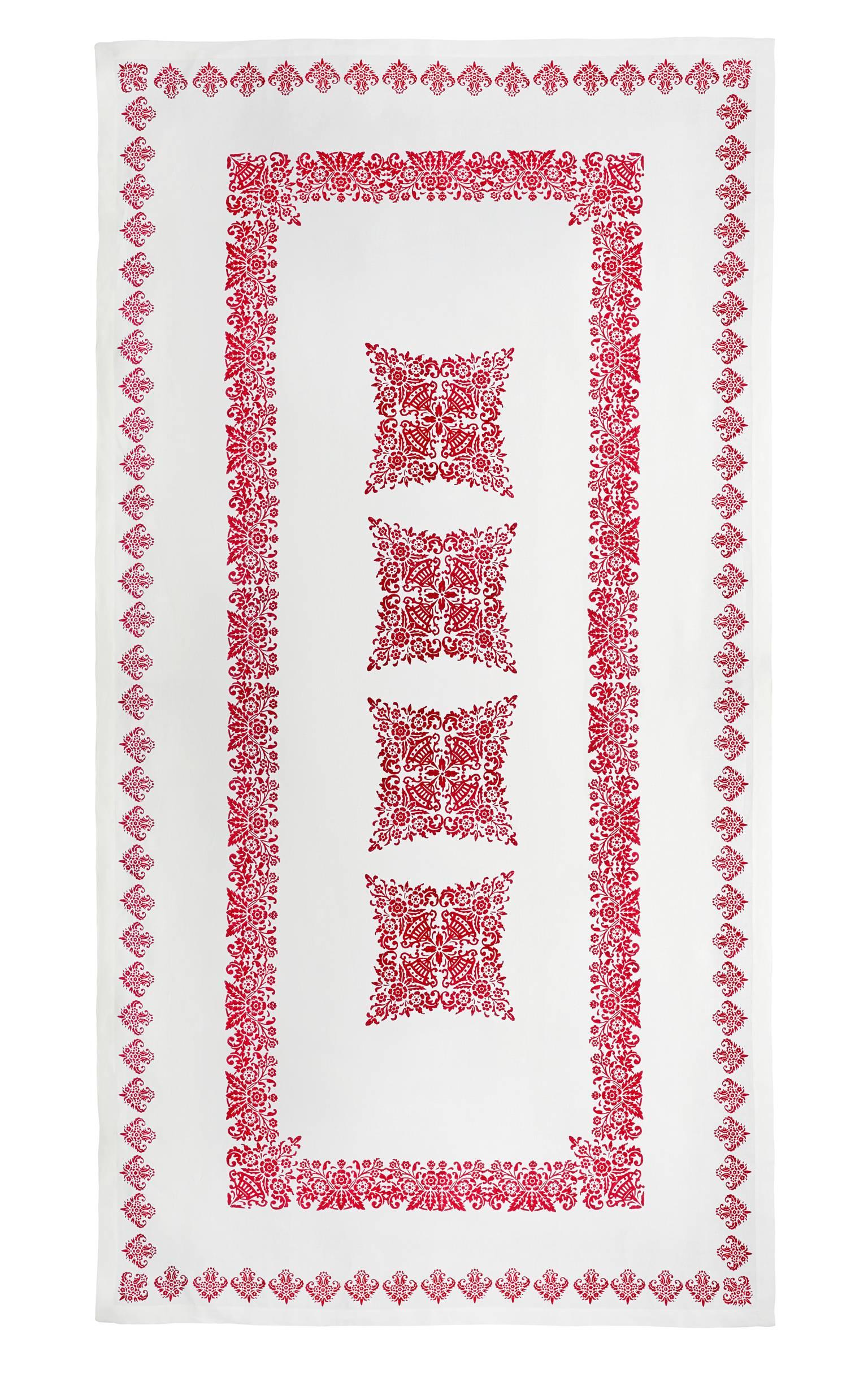 Red rectangular tablecloth in pure linen hand printed in Italy by Stamperia Bertozzi exclusively for Cabana. 

This hand printed Italian linen tablecloth has been created using the very finest pure white linen. The master artisan print house in