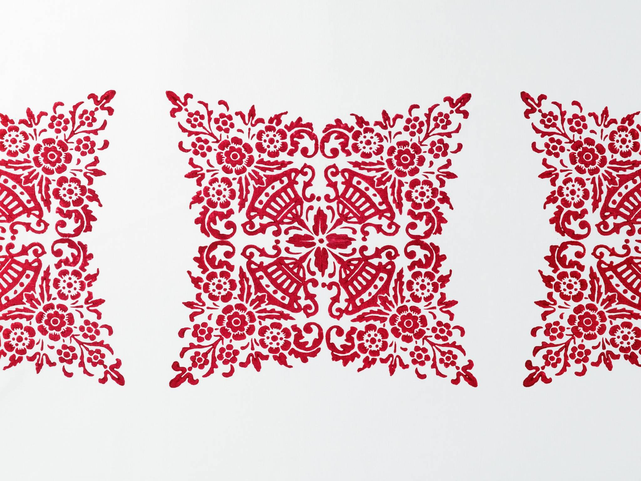 Italian Red and White Rectangular Linen Tablecloth Hand Printed in Italy For Sale