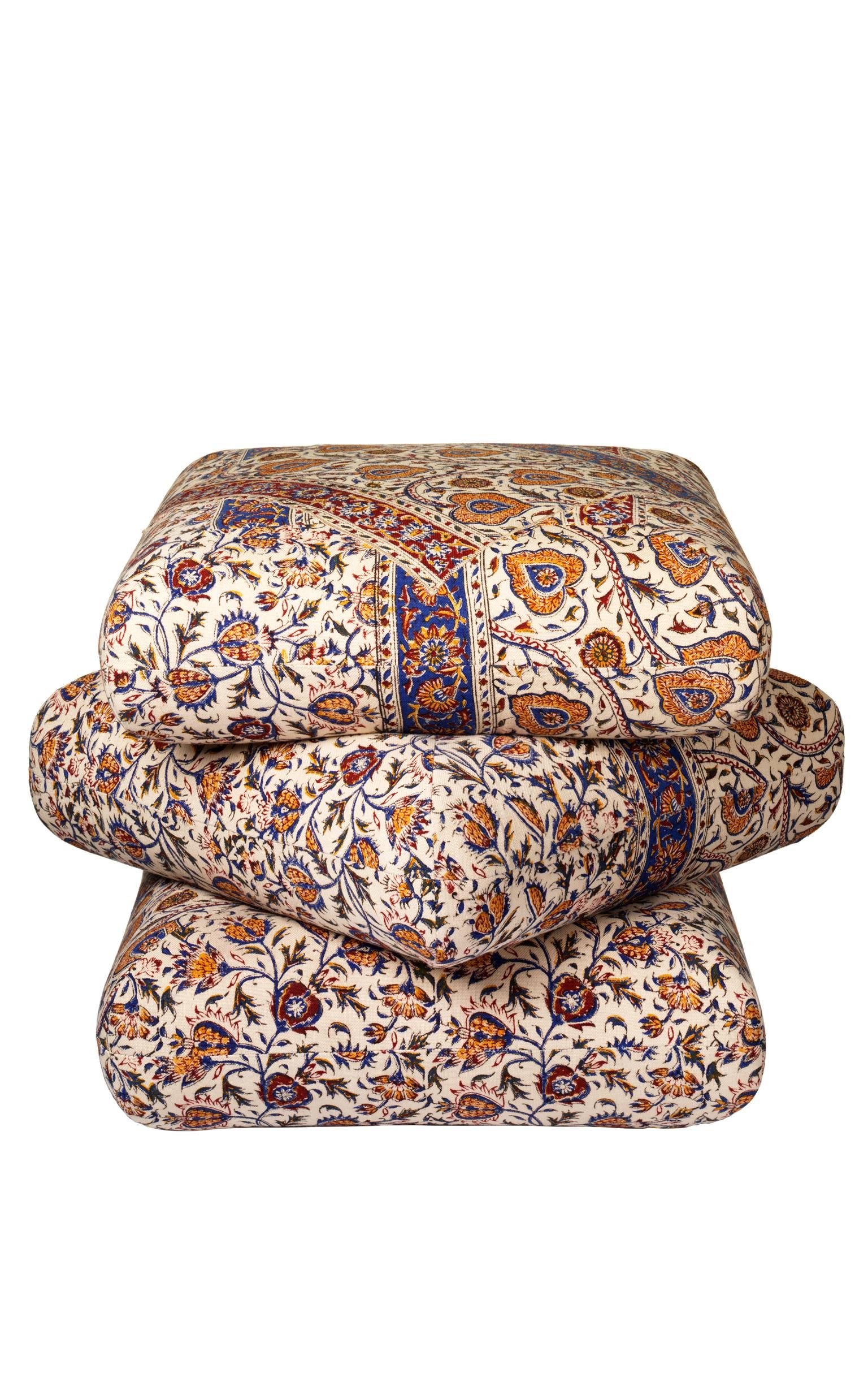 Cabana pouf based on a design after Renzo Mongiardino, 21st century. 

Pouf upholstered in one of a kind Ghalamkar Persian textile with a unique geometric shape, all handmade and sewn in Italy. These poufs were originally inspired by a Mongiardino