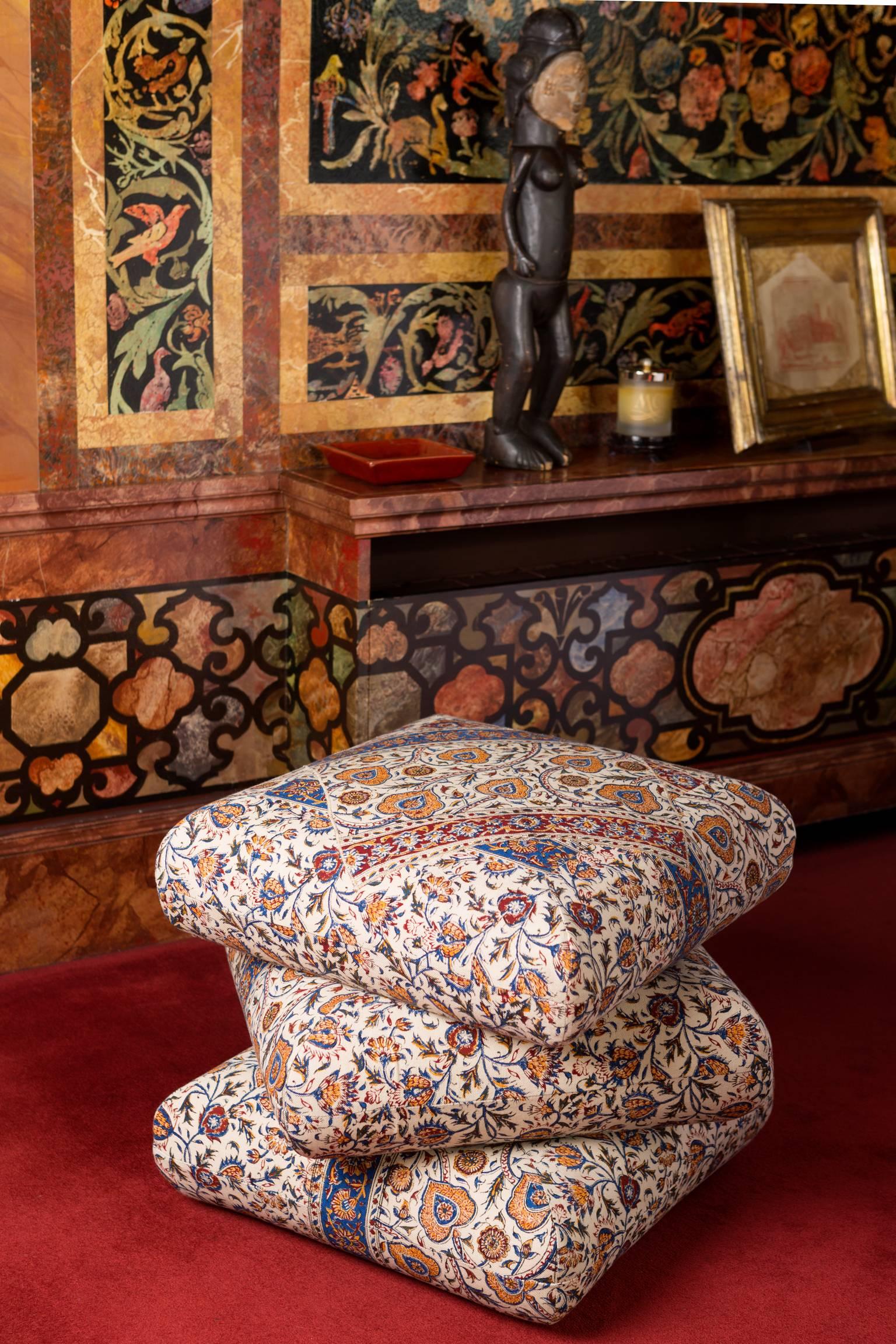 Italian Cabana Ottoman Pouf in One of a Kind Ghalamkar Persian Textile For Sale