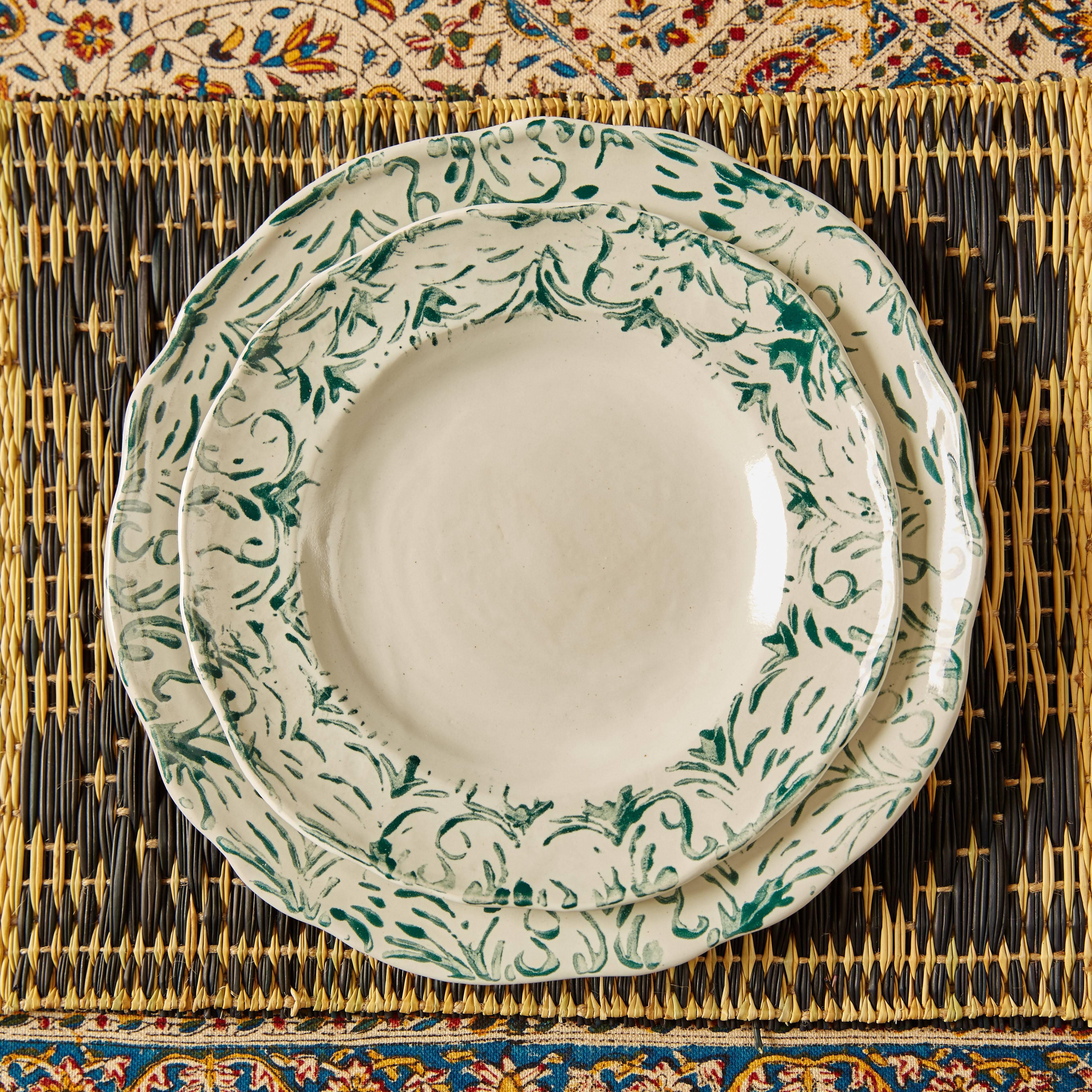 Hungarian Hand Printed Green and White Dessert Plates, Set of Four For Sale