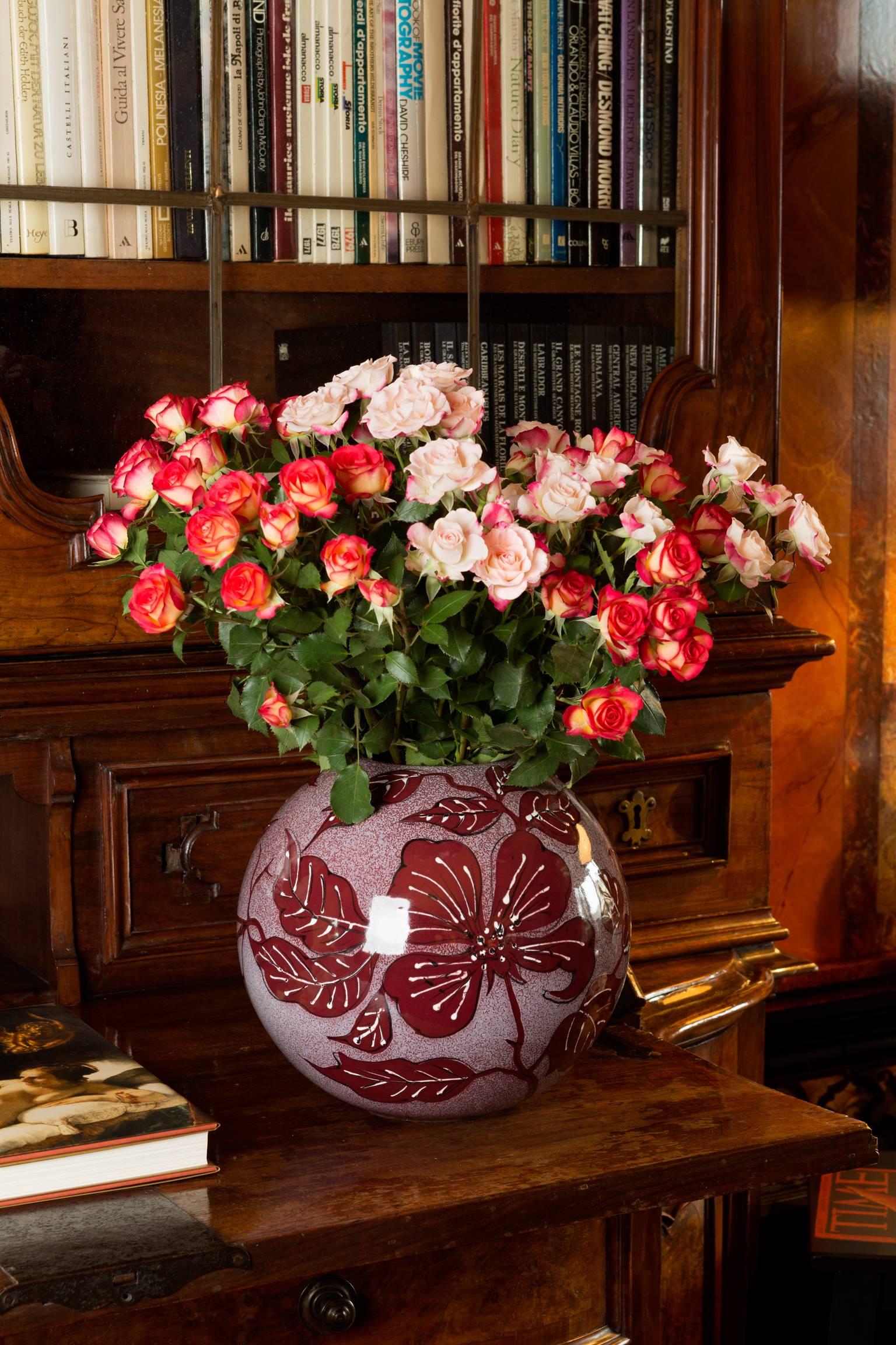 Italian Large Red Hand-Painted Floral Vase