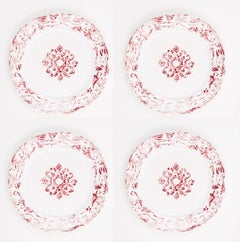 Hand Printed Red and White Floral Dinner Plates, Set of Four