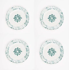 Hand Printed Green and White Floral Dinner Plates, Set of Four