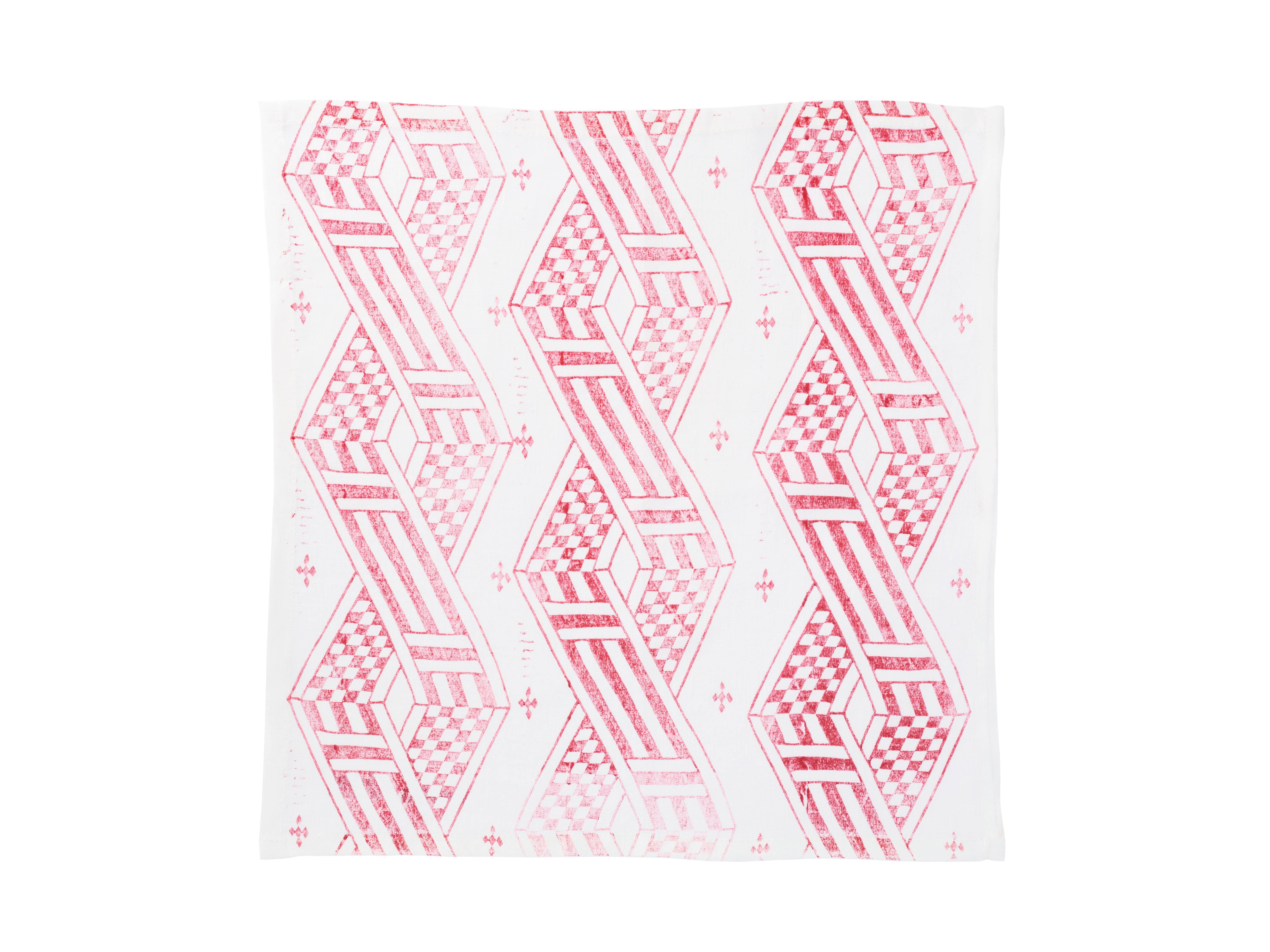 Block print napkins in pink geometric pattern. 
These napkins are hand printed using unique techniques and patterns on linen fabrics by the Hungarian designer Zsuzsanna Nyul. All natural dye. 
Each set consists of four napkins.