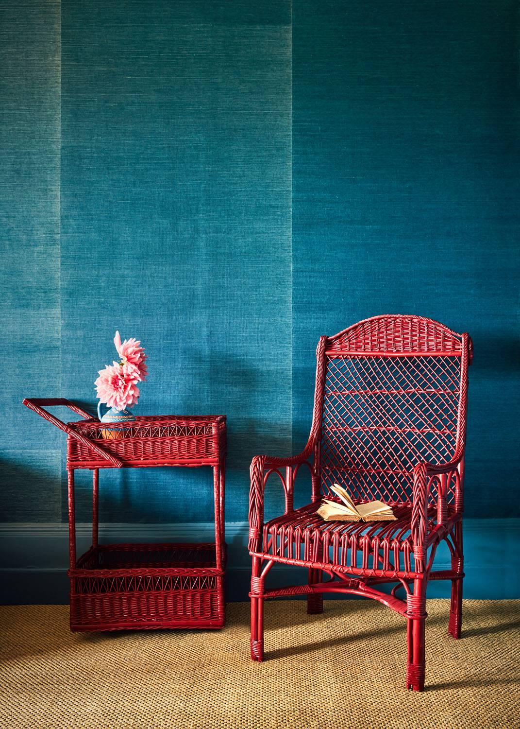Romanian Handwoven Wicker Armchair in Balmoral Red For Sale