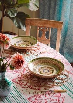 Pink and Green Hand Printed Linen Tablecloth