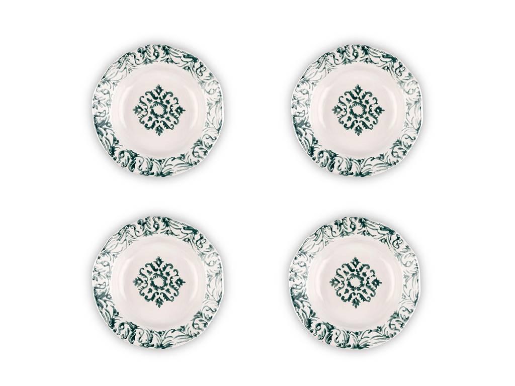 Hand printed green and white floral soup plates, set of four.
These ceramic plates are handmade and hand-painted by Zsuzsanna Nyul. They are high fired stoneware pieces with different designs created using an unique technique. The bottom of the