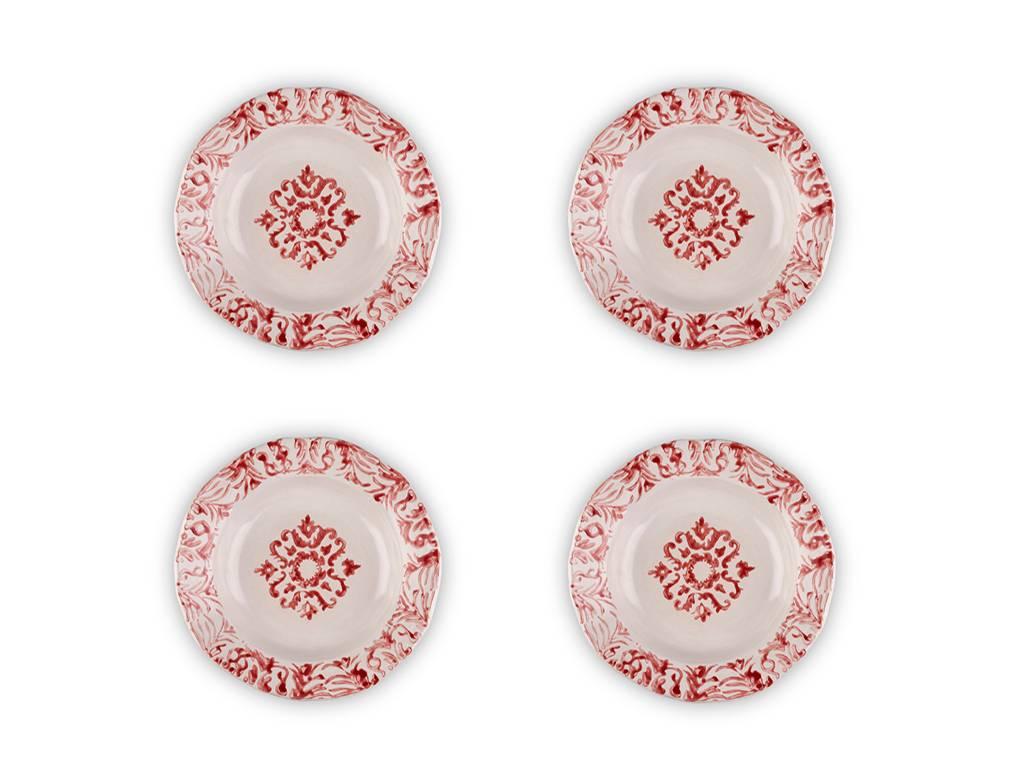 Hand printed red and white floral soup plates, set of four.
These ceramic plates are handmade and hand-painted by Zsuzsanna Nyul. They are high fired stoneware pieces with different designs created using an unique technique. The bottom of the