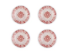 Hand Printed Red and White Floral Soup Plates, Set of Four