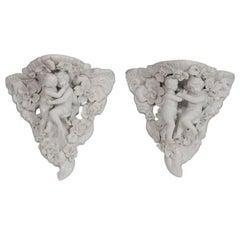 Antique Two Porcelain Wall Shelves with Affectionate Cherubs