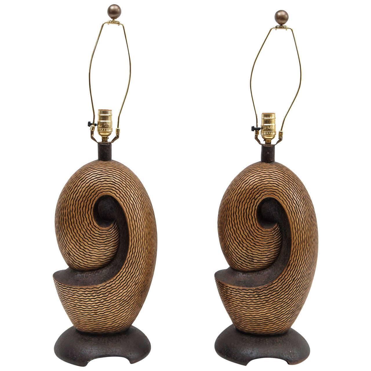 Pair of Mid 20th Century Table Lamps by ArtMaster in Tones of Gold and Brown For Sale