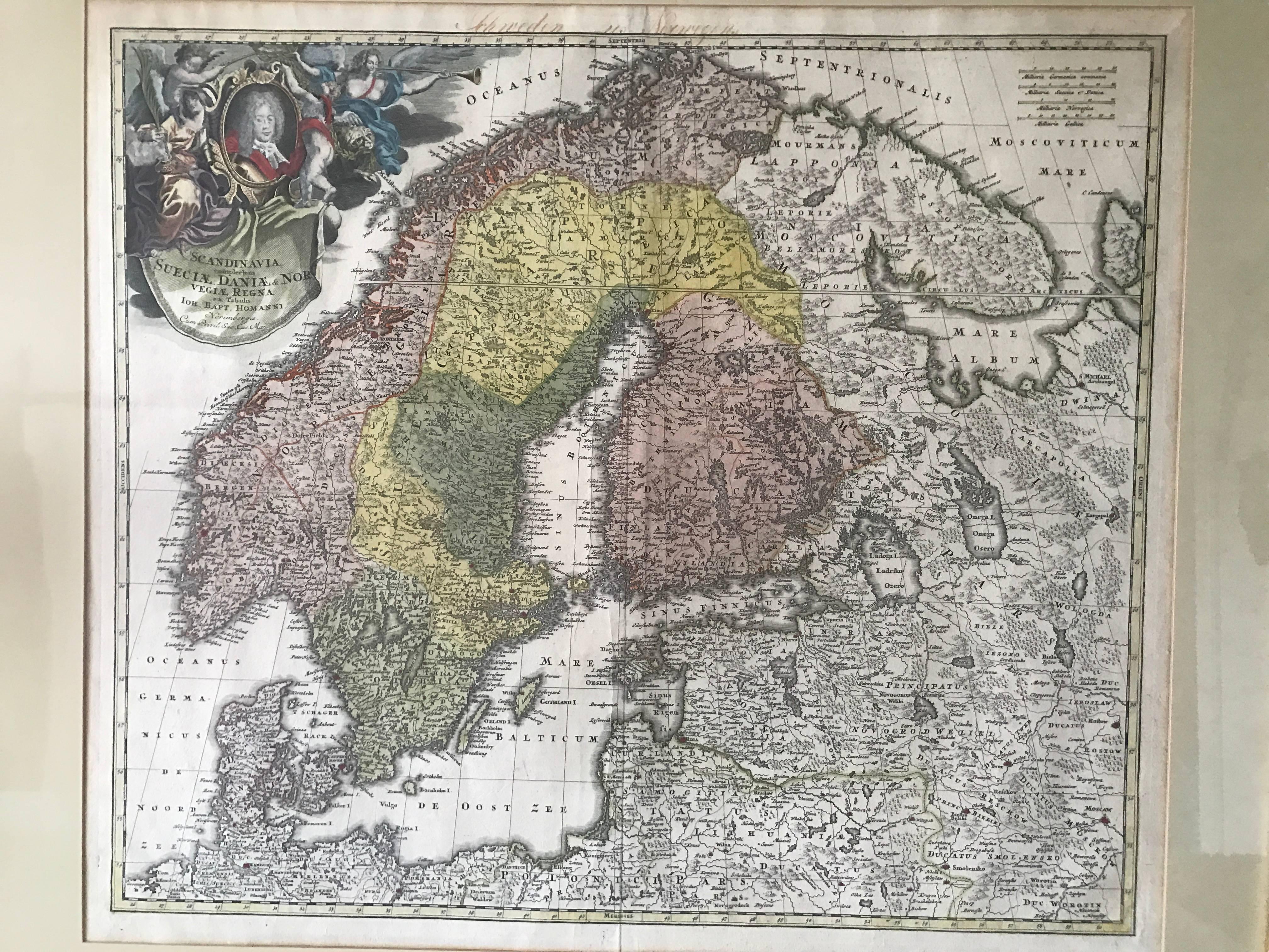 A beautifully detailed circa 1735 J. B. Homann map of Scandinavia. "Scandinavia compectens Sueciae, Dania, Norwegiae Regna" 
The map depicts both Denmark, Norway, Sweden, Finland and the Baltic states of Livonia, Latvia and Curlandia. The