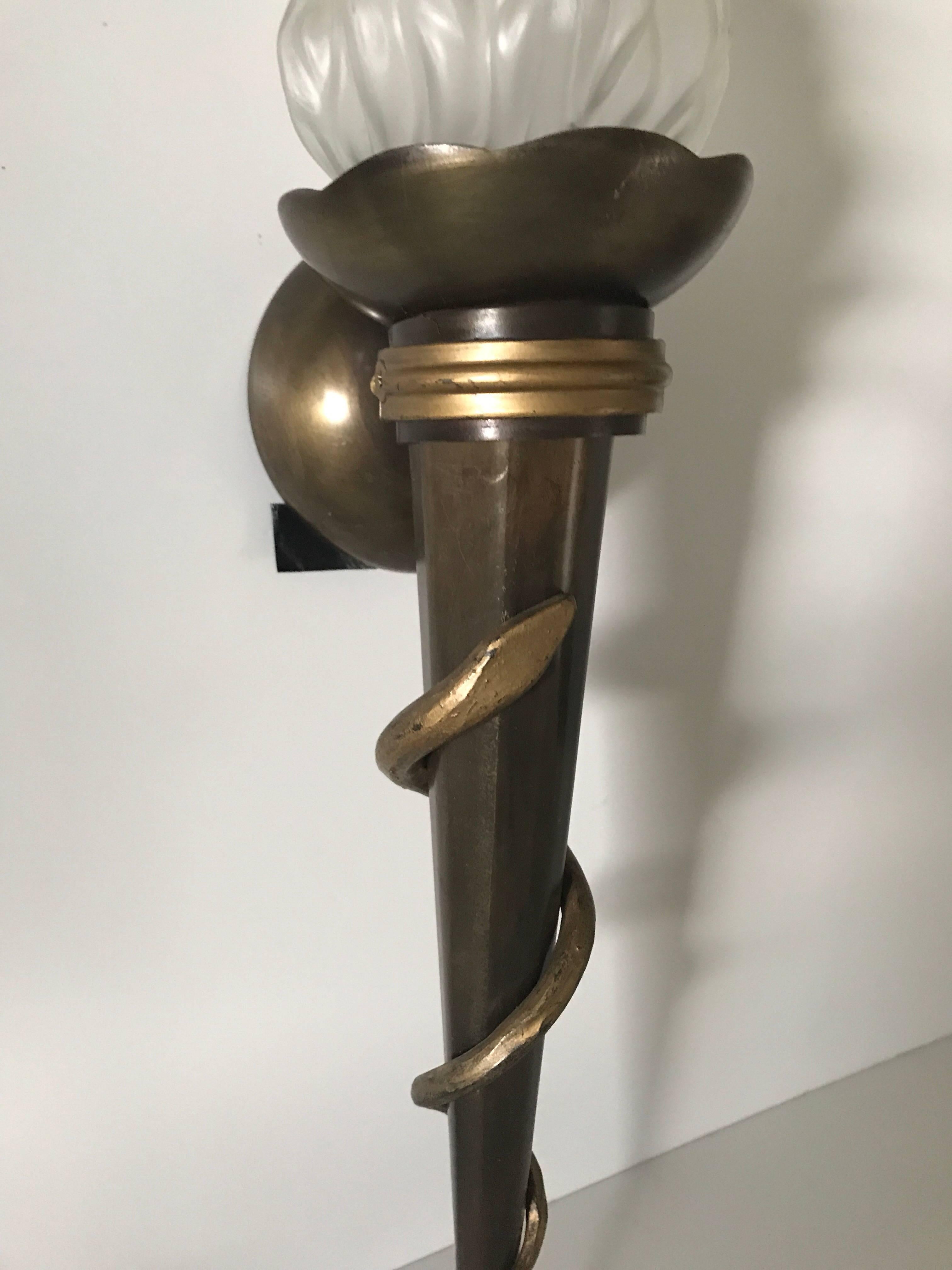 Bronze Two Pair of Rare Large Swedish Art Deco Torch Wall Sconces Totally Four Pieces For Sale
